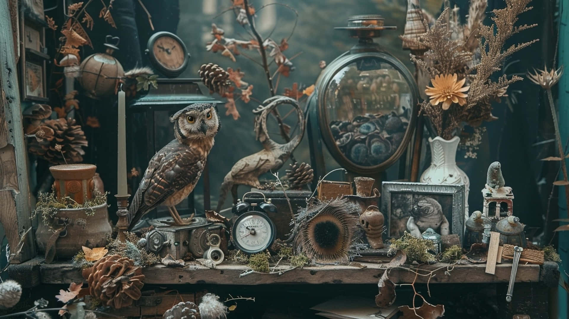 Goblincore, owl figurine, vintage clocks, Full HD Desktop Wallpaper