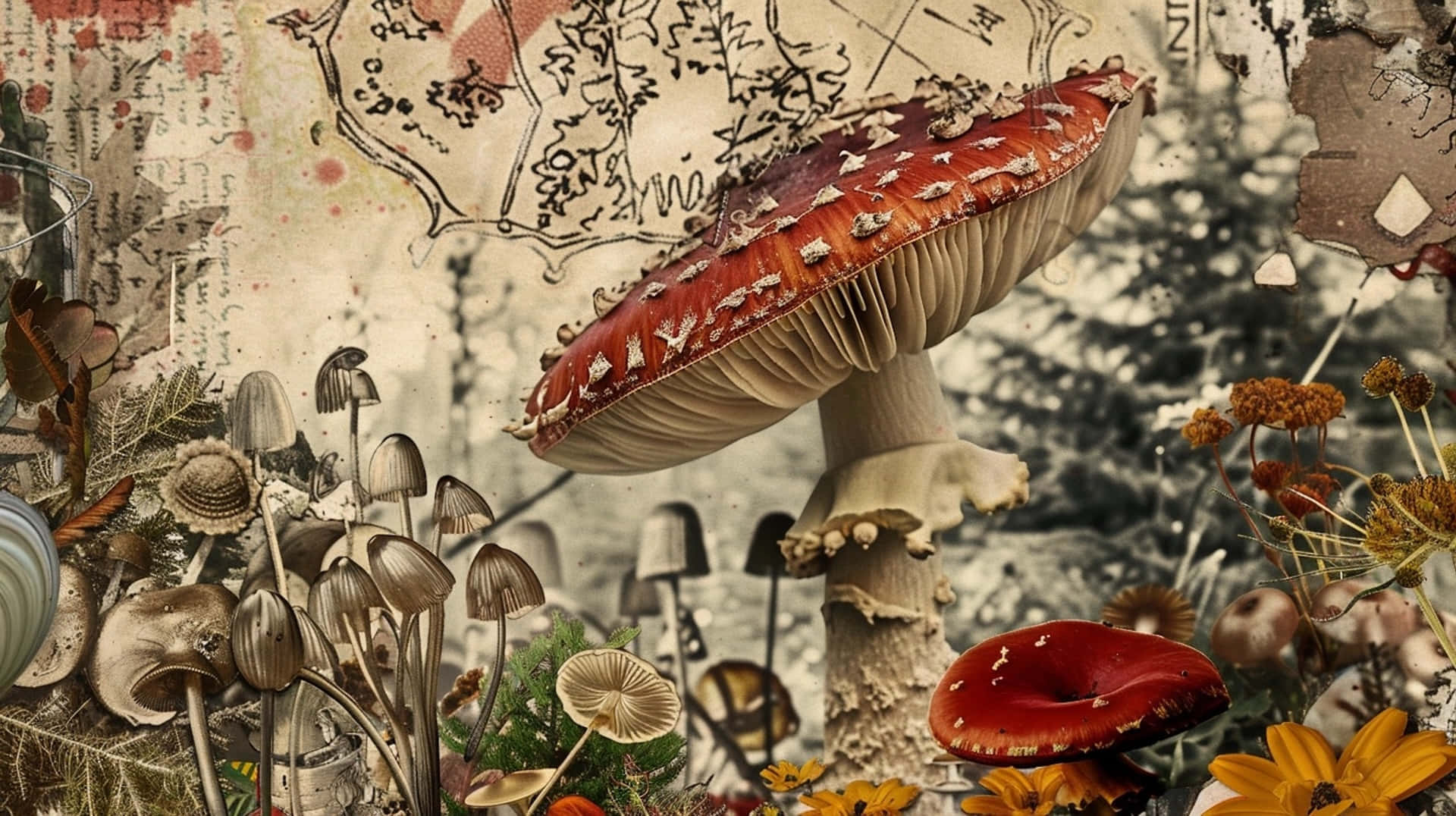 goblincore, fantasy mushroom collage, giant red mushrooms, Full HD Desktop Wallpaper