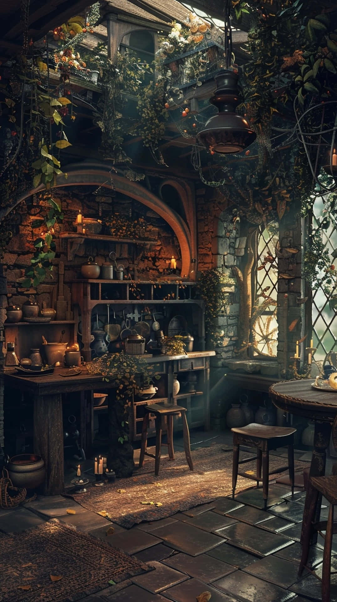 enchanted goblincore kitchen, stone walls, wooden furniture, Full HD Phone Wallpaper