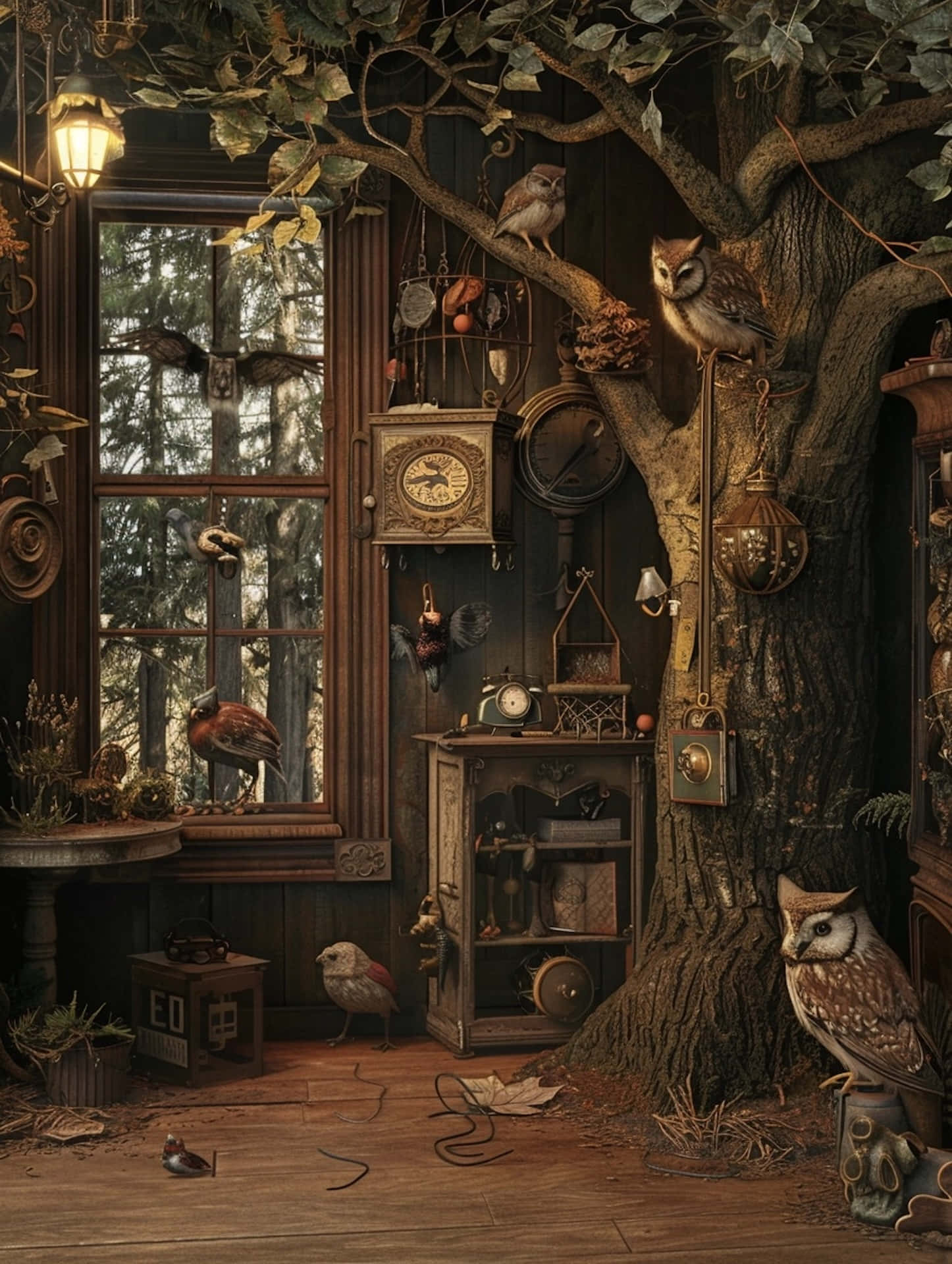 enchanted goblincore interior, giant tree, owls, Full HD Phone Wallpaper