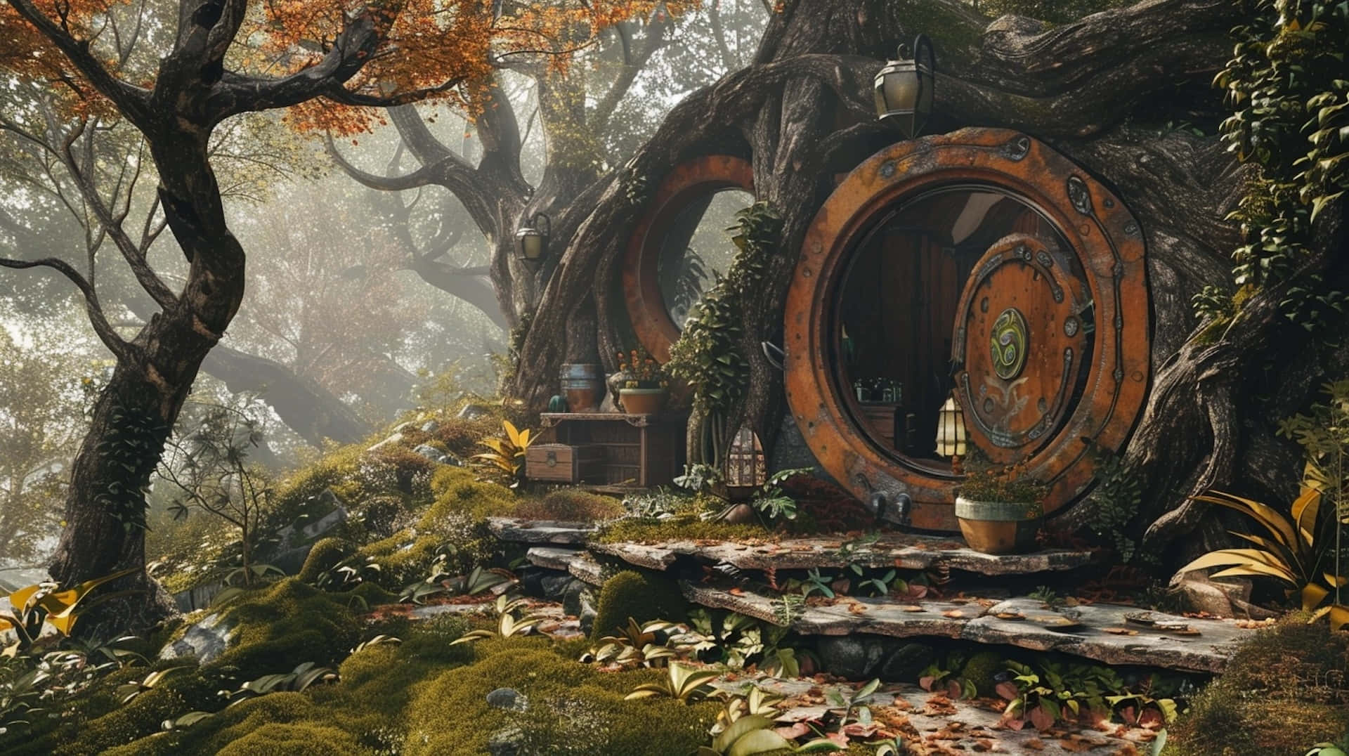enchanted goblincore forest home, whimsical treehouse, round wooden door, Full HD Desktop Wallpaper