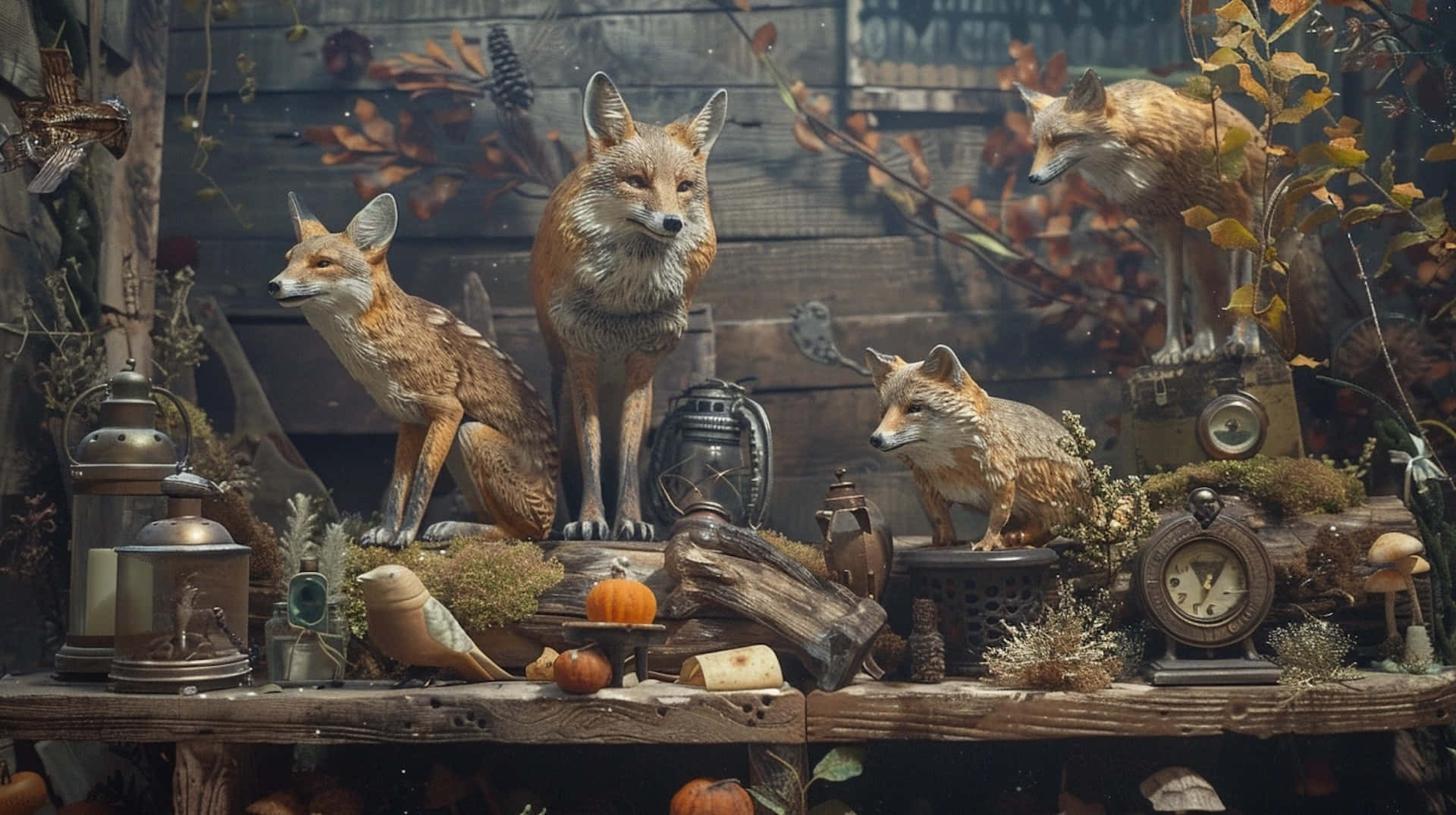 rustic wooden shelf, lifelike fox figurines, autumn leaves, Full HD Desktop Wallpaper