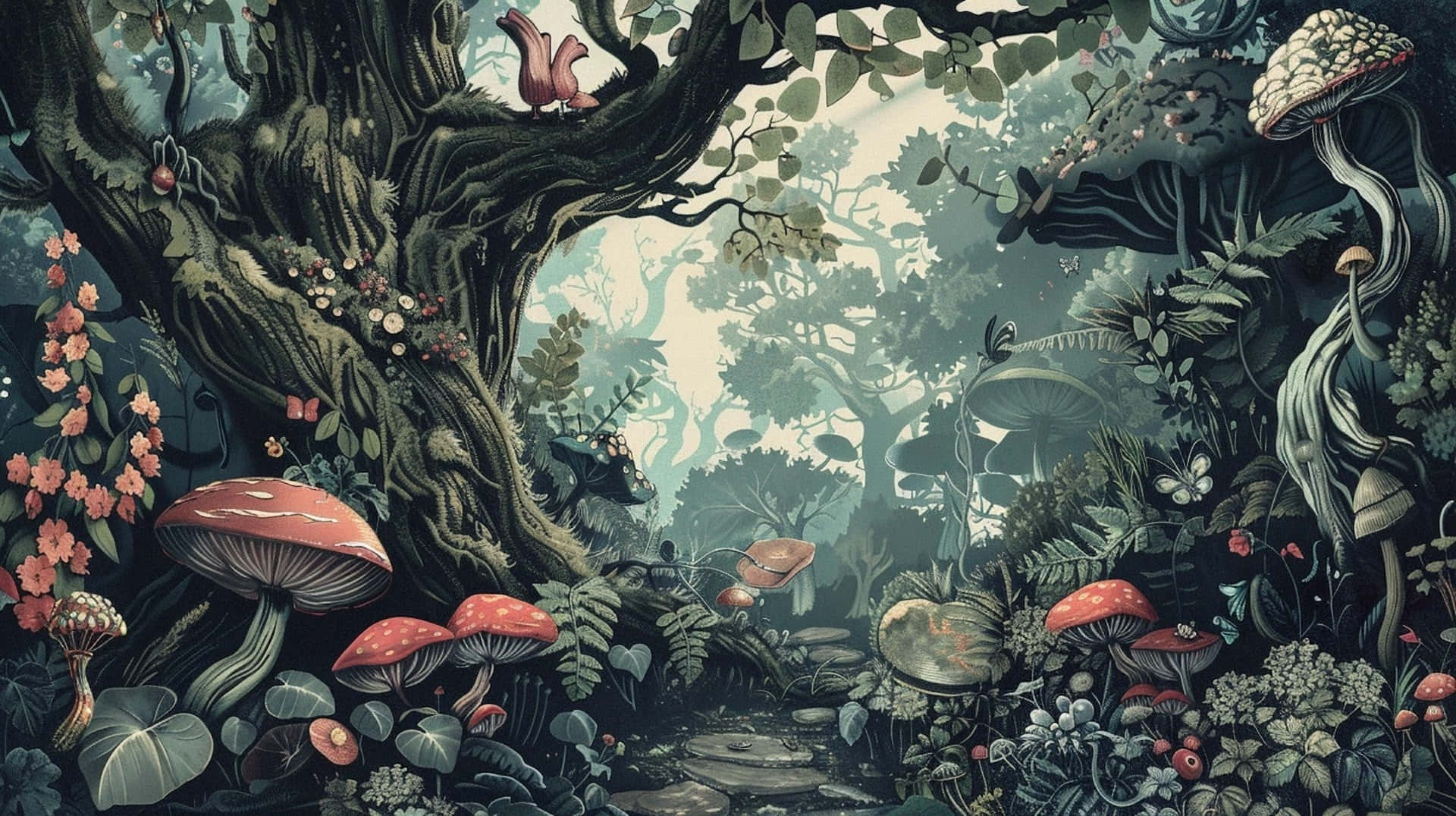 enchanted goblincore forest scene, mystical forest path, giant mushrooms, Full HD Desktop Wallpaper