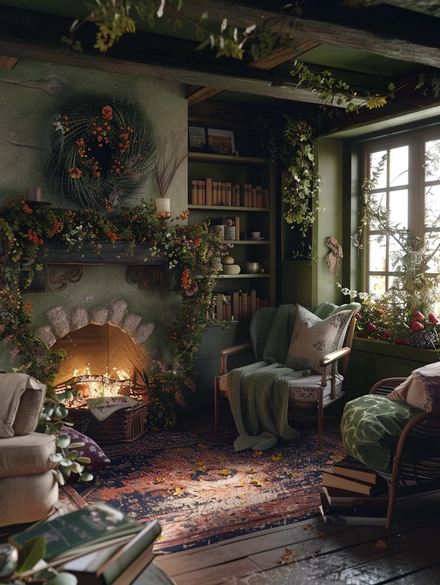 Goblincore, cozy fireplace room, rustic living room, Full HD Phone Wallpaper