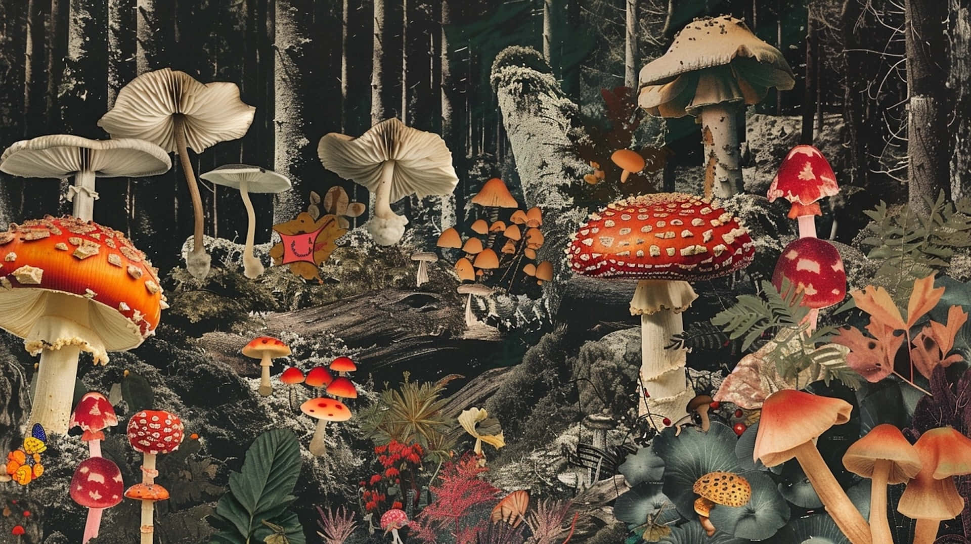 enchanted goblincore forest mushrooms, surreal forest, oversized red and white spotted mushrooms, Full HD Desktop Wallpaper