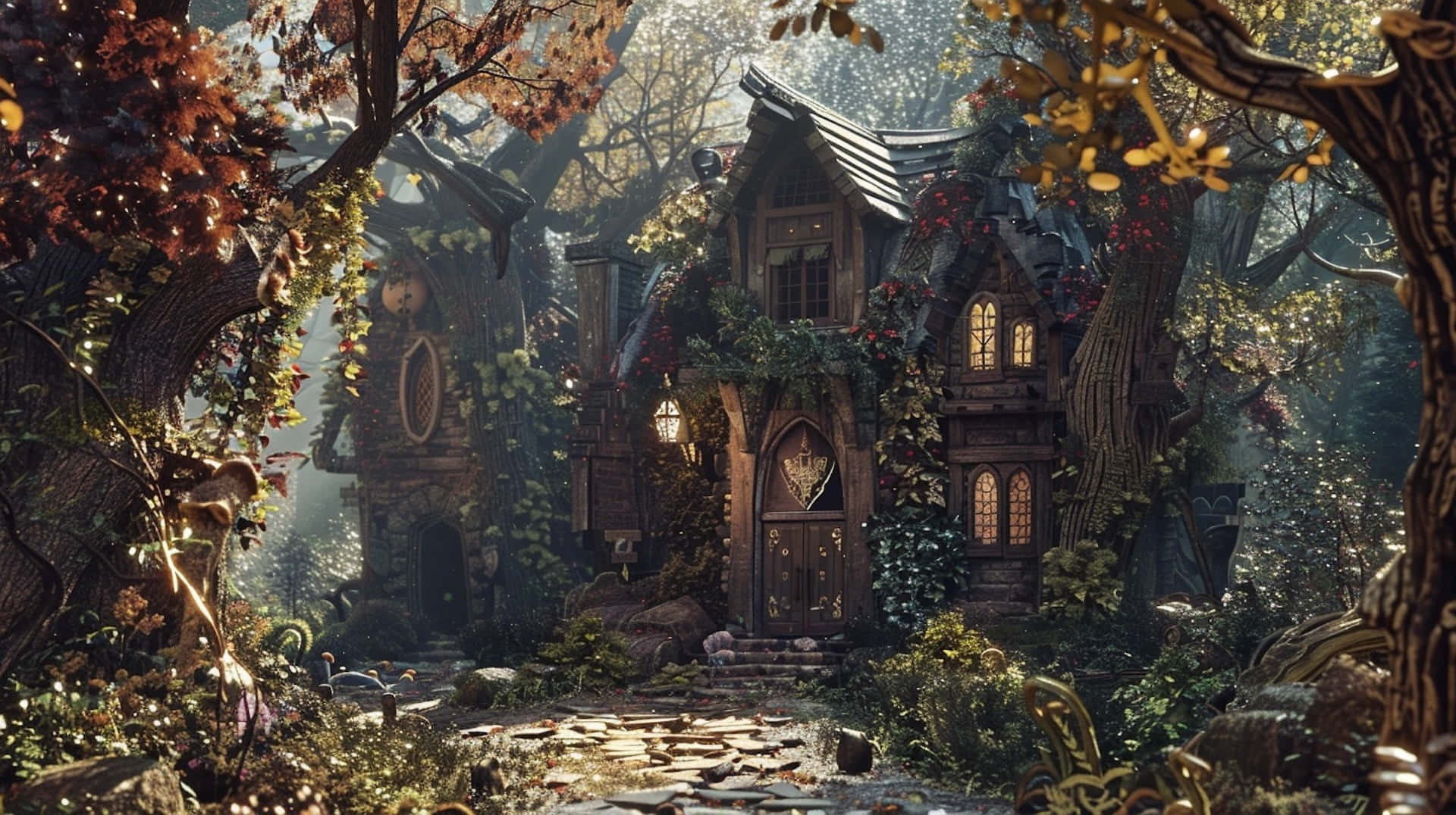 enchanted goblincore forest home, fairy house, sunlit autumn forest, Full HD Desktop Wallpaper