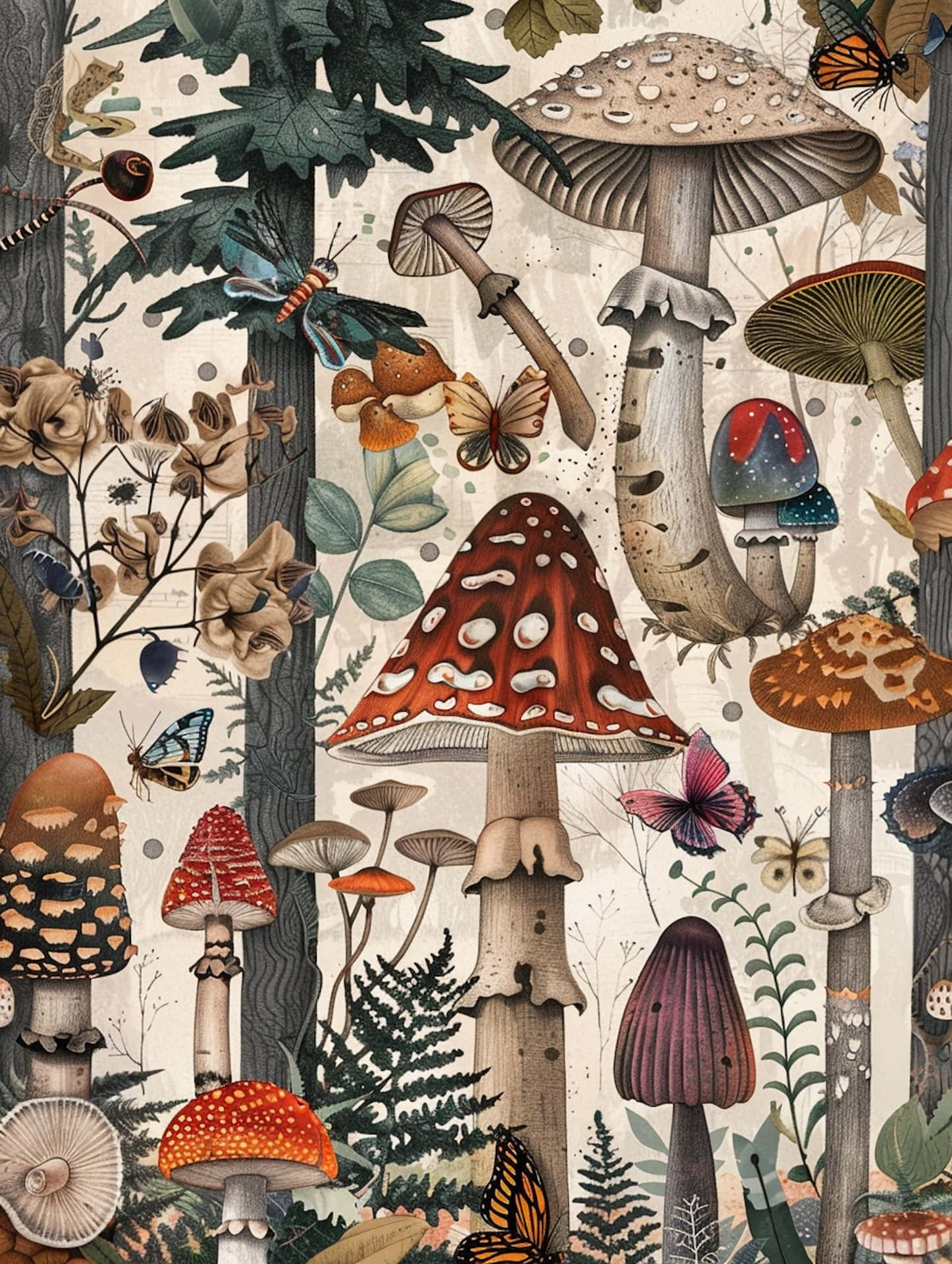 enchanted forest, mushrooms, butterflies, Full HD Phone Wallpaper