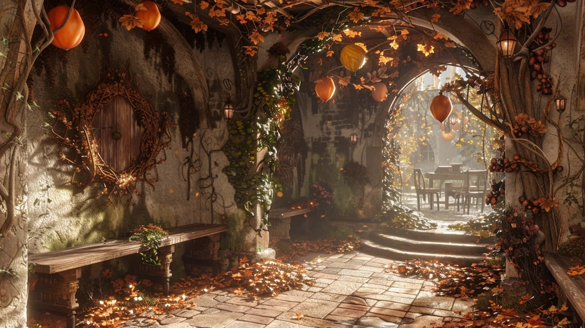 autumn vines, hanging pumpkins, sunlit stone archway, Full HD Desktop Wallpaper