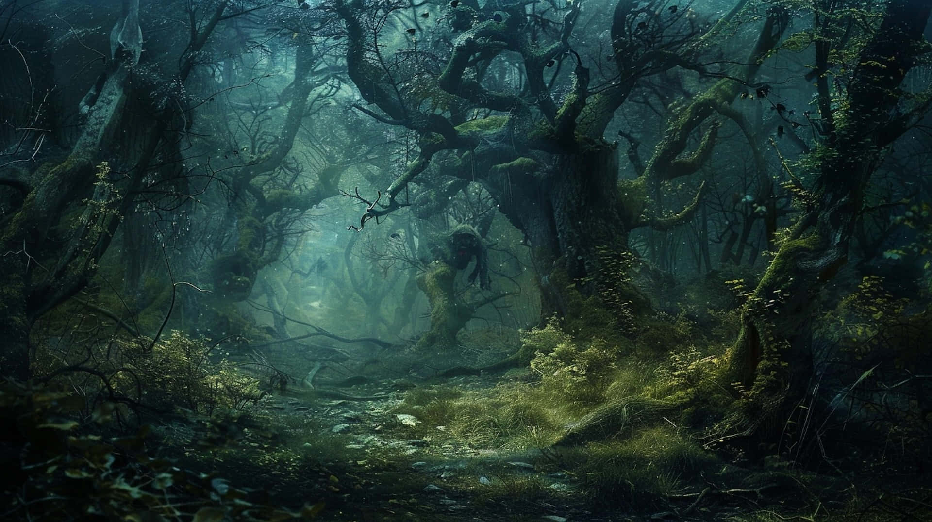 enchanted goblincore forest path, misty ancient forest, gnarled moss-covered trees, Full HD Desktop Wallpaper