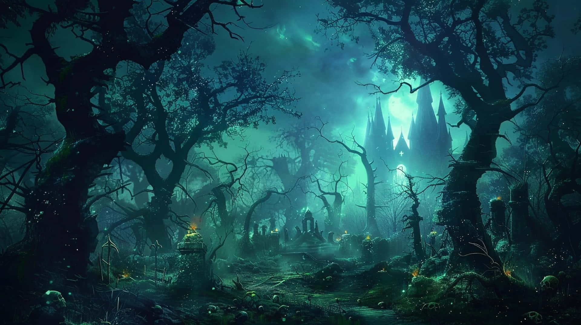 enchanted goblincore forest night, twisted trees, glowing castle, Full HD Desktop Wallpaper