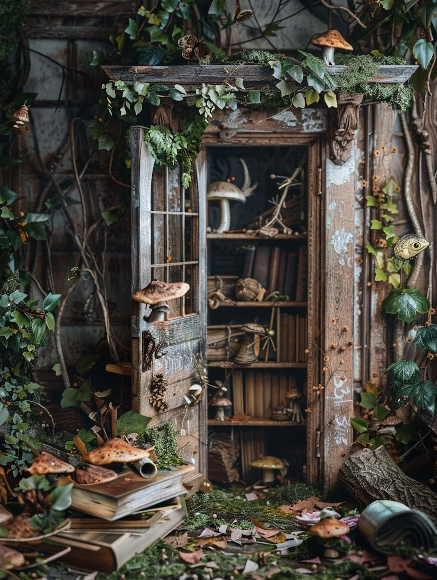 enchanted wooden bookcase, moss, mushrooms, Full HD Phone Wallpaper