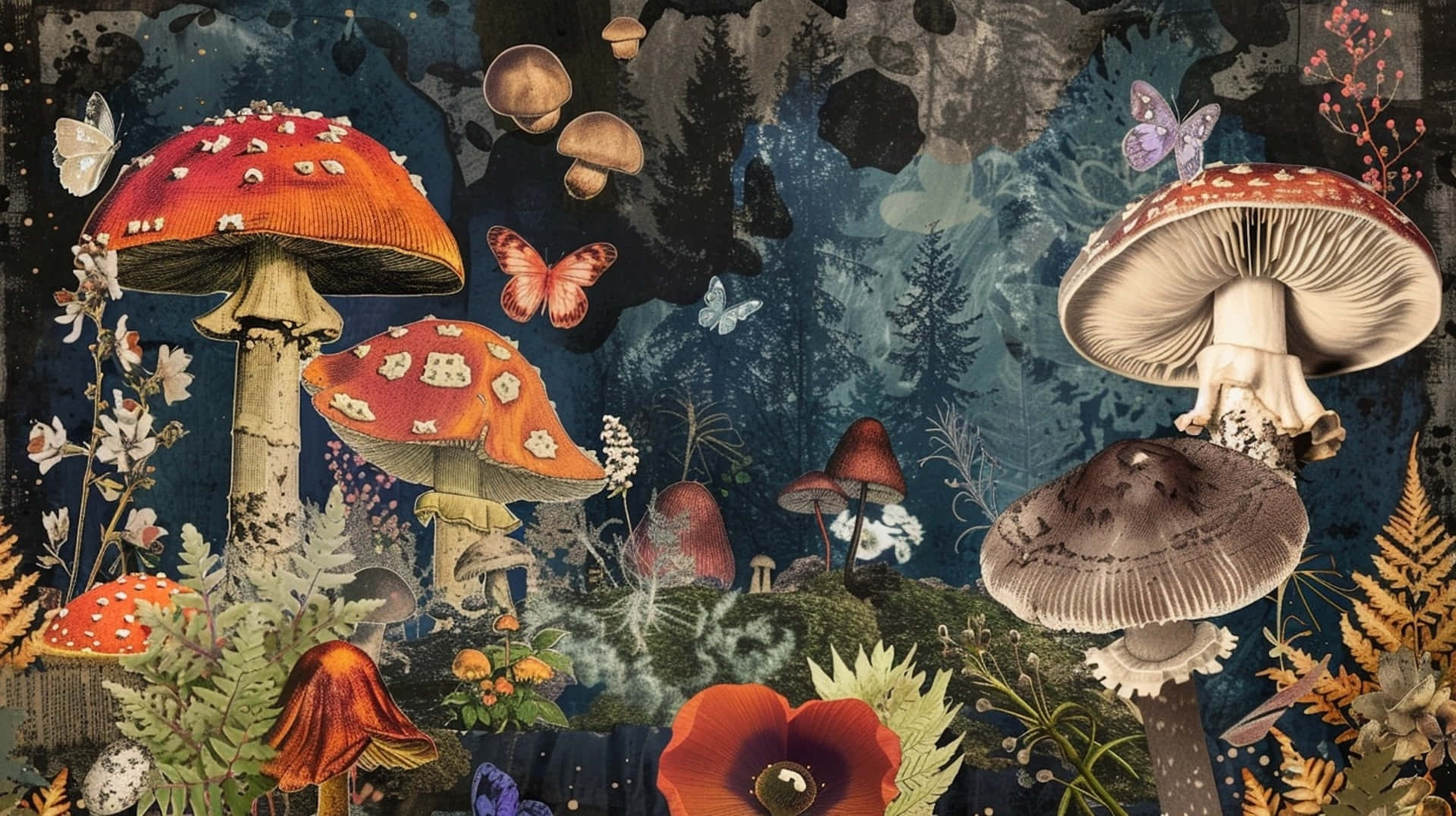 Goblincore, forest, giant red and white spotted mushrooms, Full HD Desktop Wallpaper