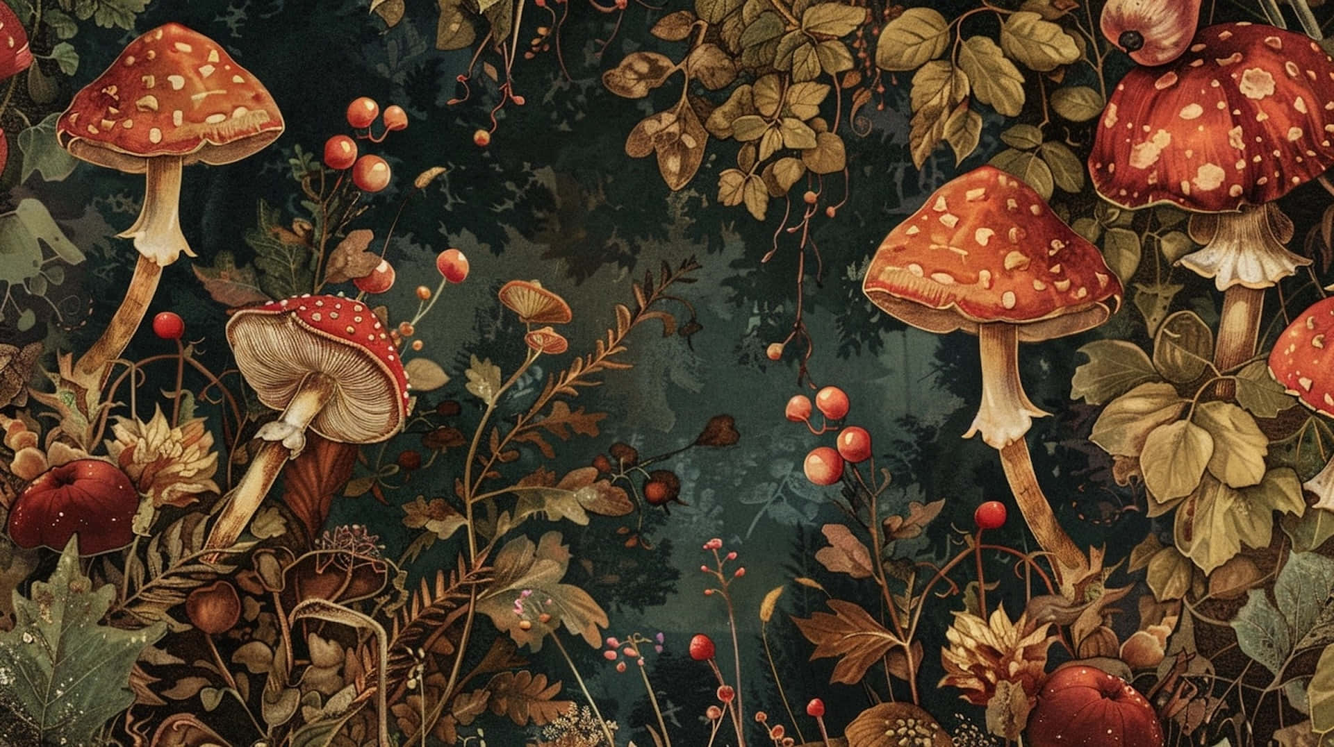 enchanted forest, vibrant red mushrooms, white spots, Full HD Desktop Wallpaper