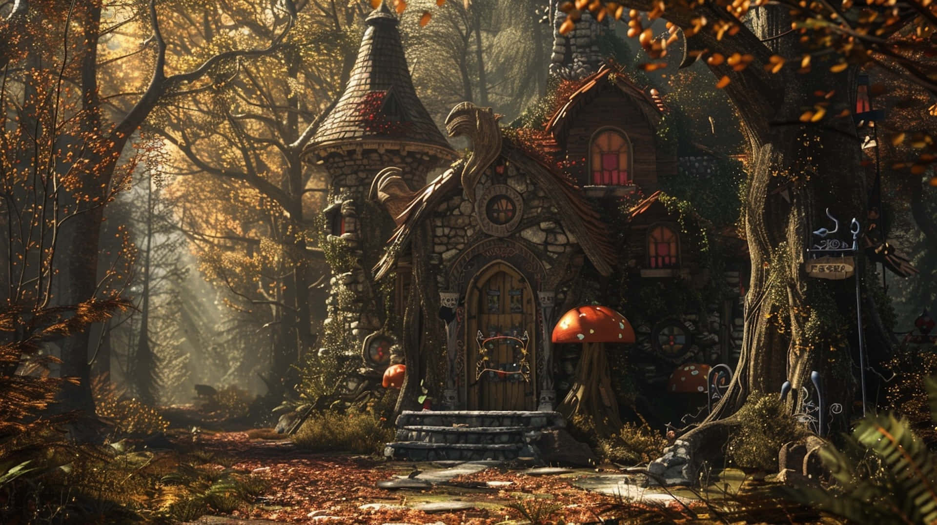 enchanted goblincore forest cottage, whimsical stone cottage, sun-dappled autumn forest, Full HD Desktop Wallpaper