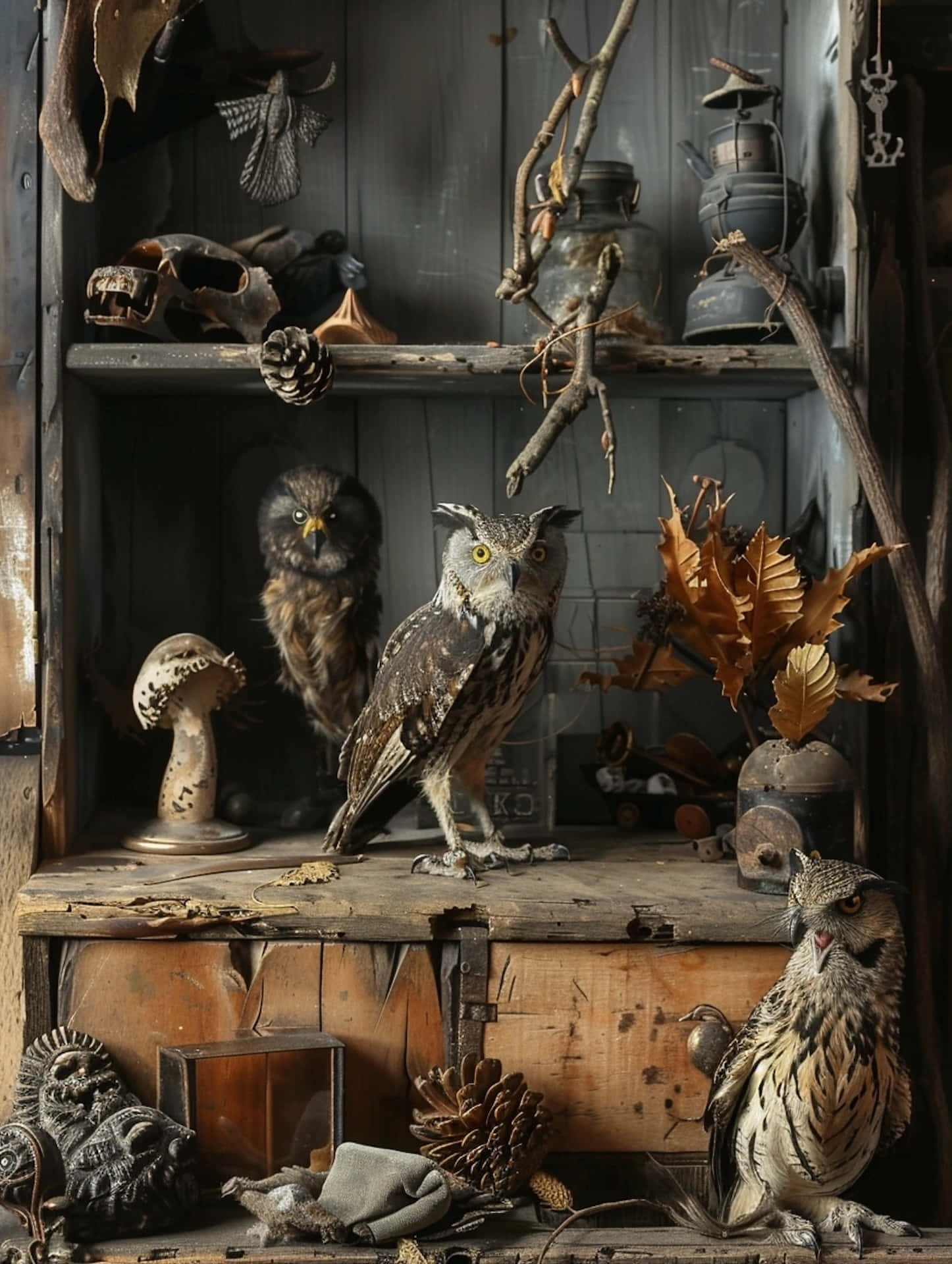 Goblincore, nature and curiosity cabinet, three taxidermied owls, Full HD Phone Wallpaper