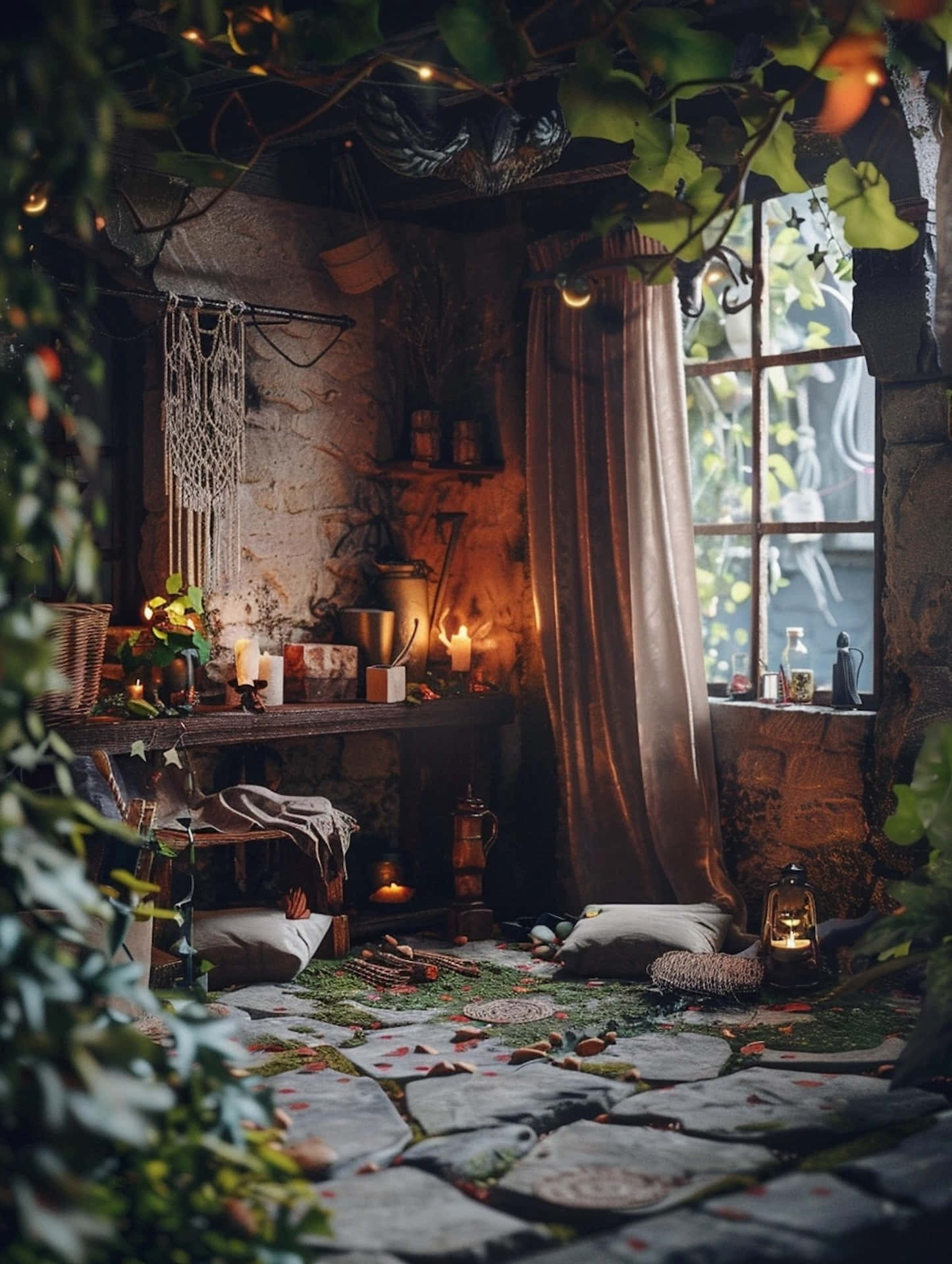 enchanted goblincore retreat, cozy rustic stone room, warm candlelight, Full HD Phone Wallpaper