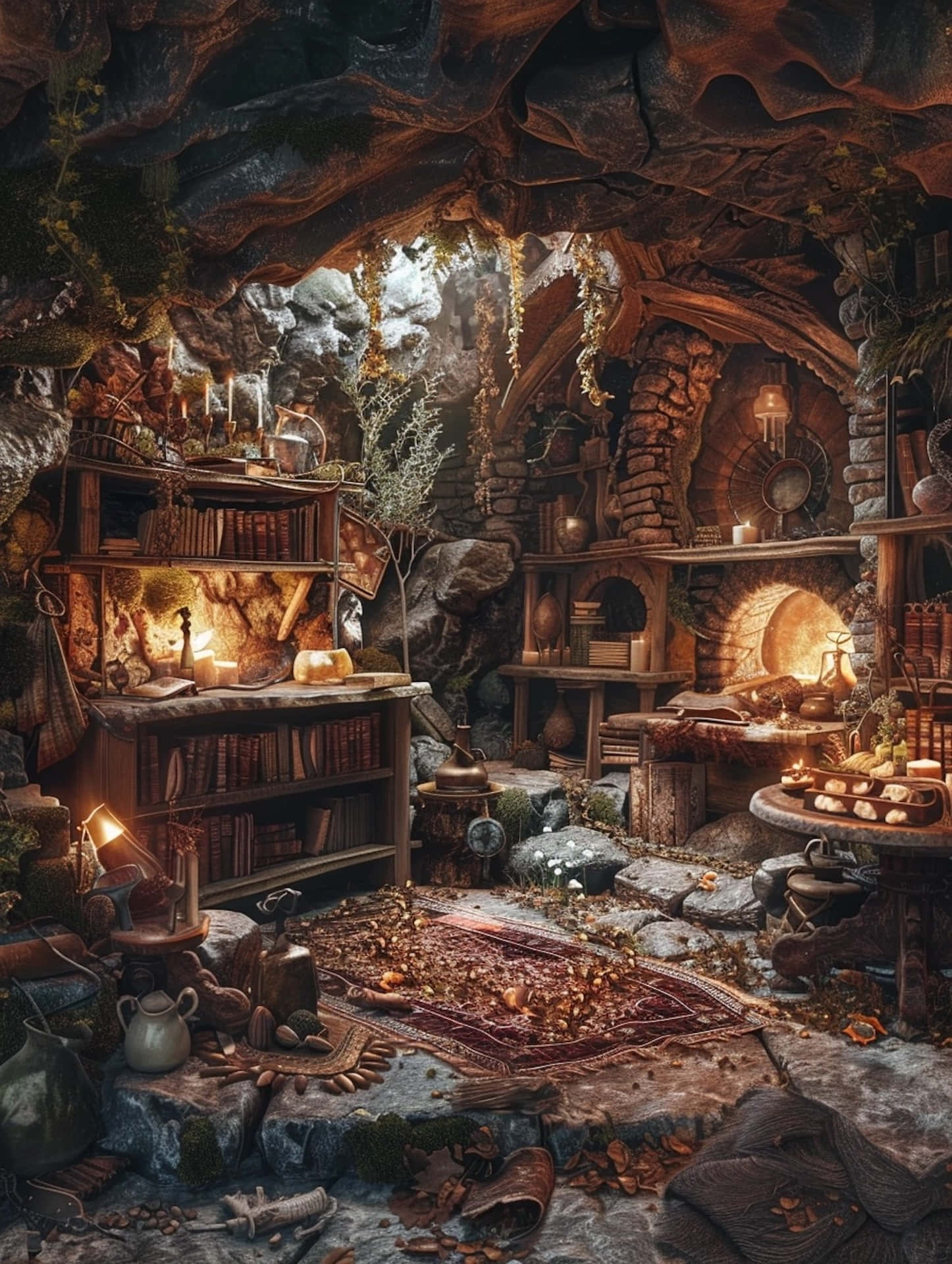 enchanted goblincore haven, rustic cave library, stone shelves, Full HD Phone Wallpaper