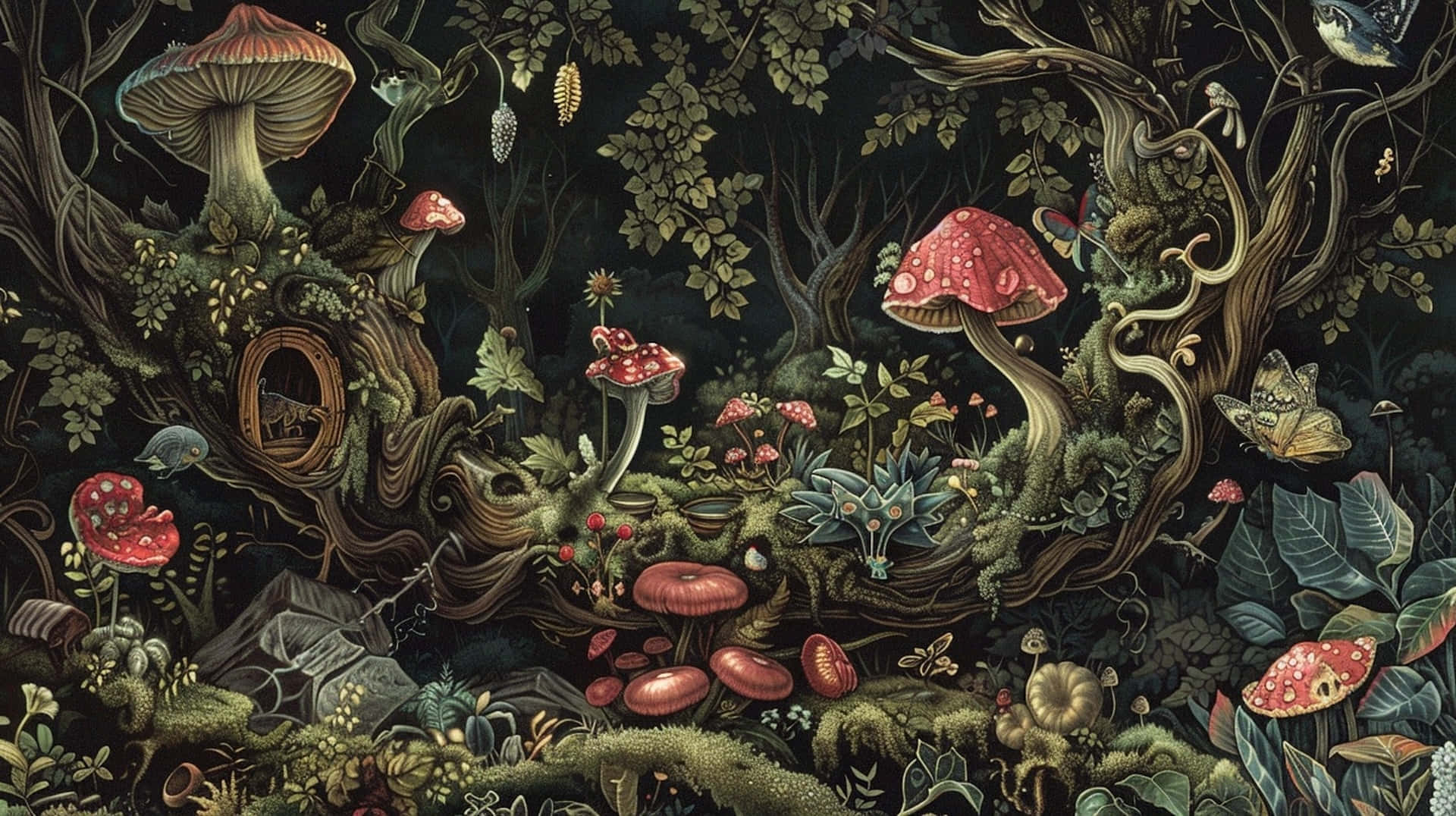 enchanted goblincore forest scene, whimsical enchanted forest, oversized red mushrooms, Full HD Desktop Wallpaper