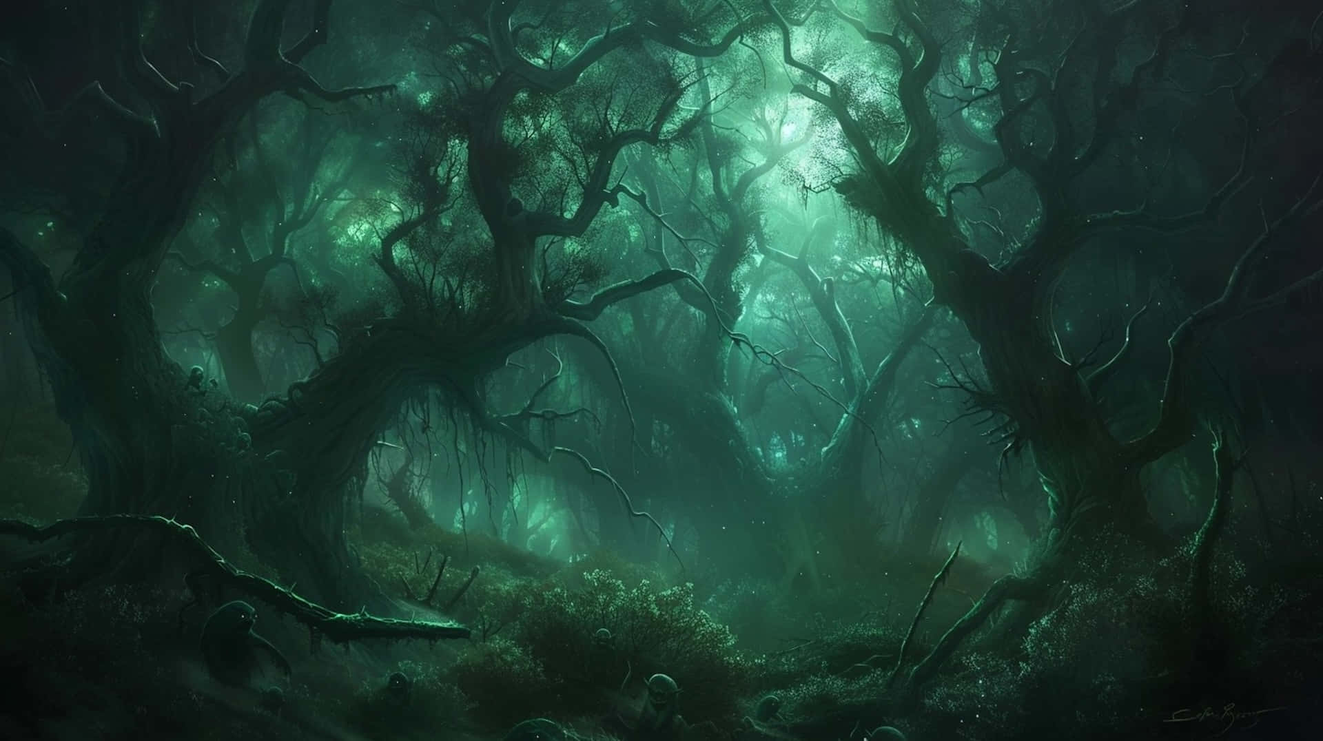 enchanted goblincore forest scene, misty green forest, twisted ancient trees, Full HD Desktop Wallpaper