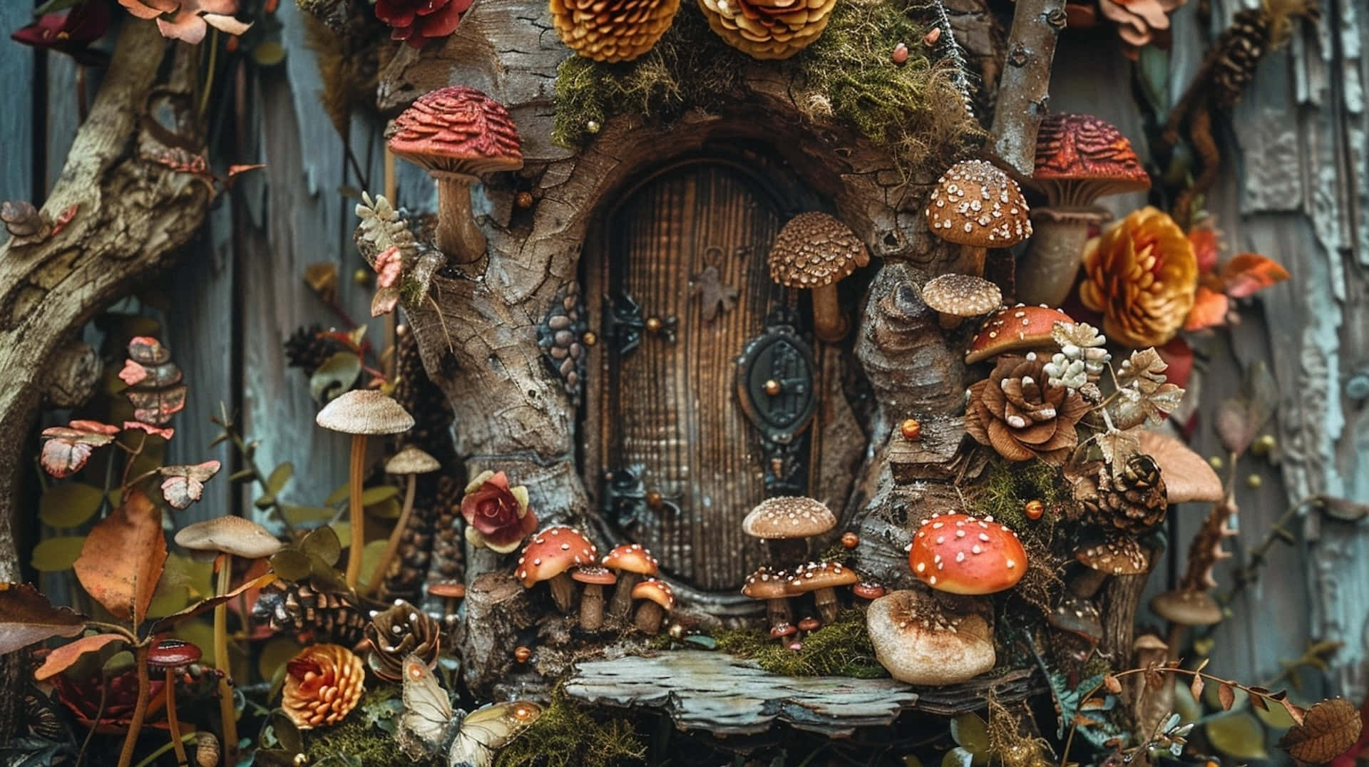 enchanted goblincore tree door, fairy house, mossy tree trunk, Full HD Desktop Wallpaper