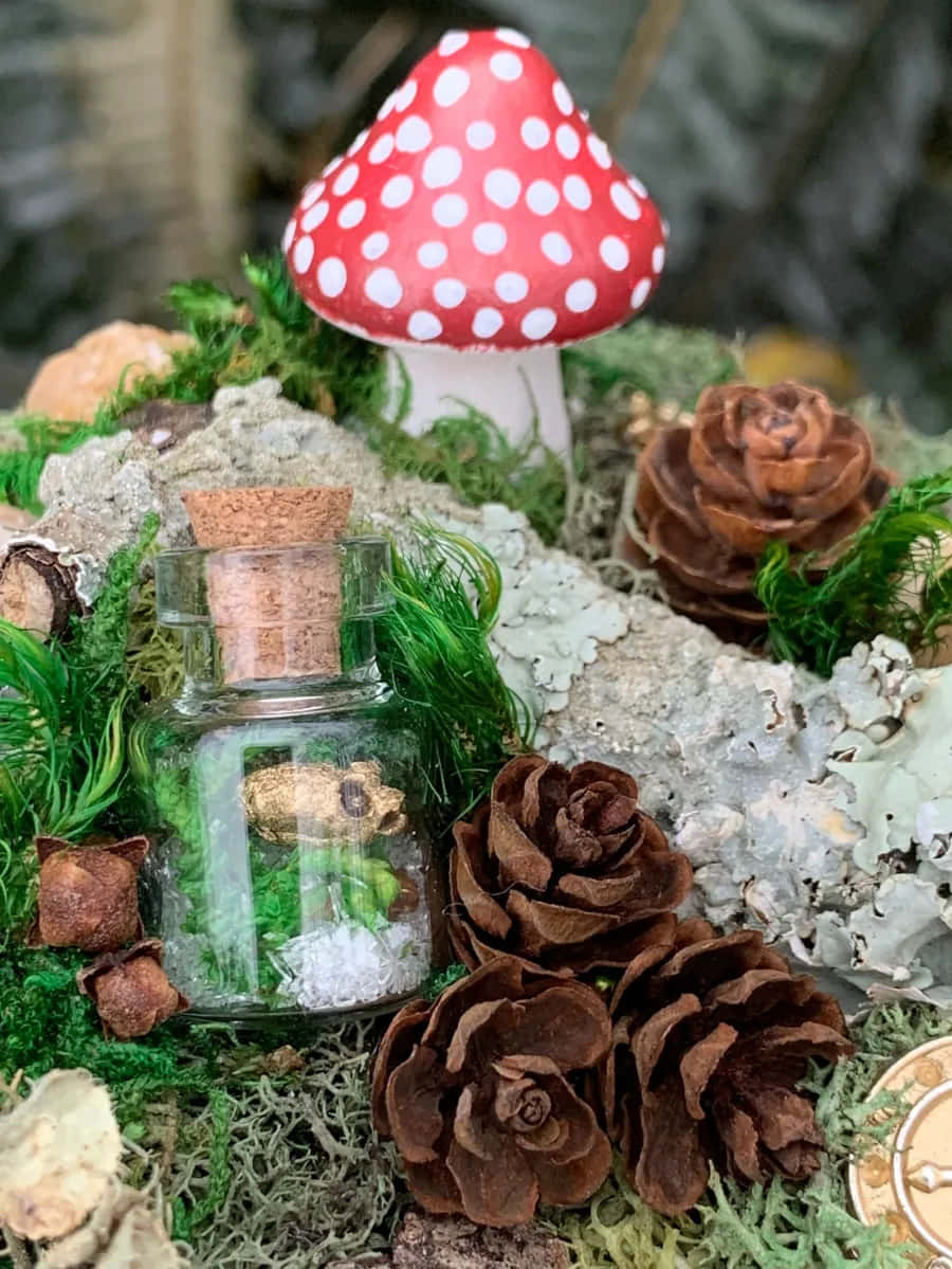 goblincore, red and white polka dot mushroom, glass jar with a cork lid, SD Phone Wallpaper