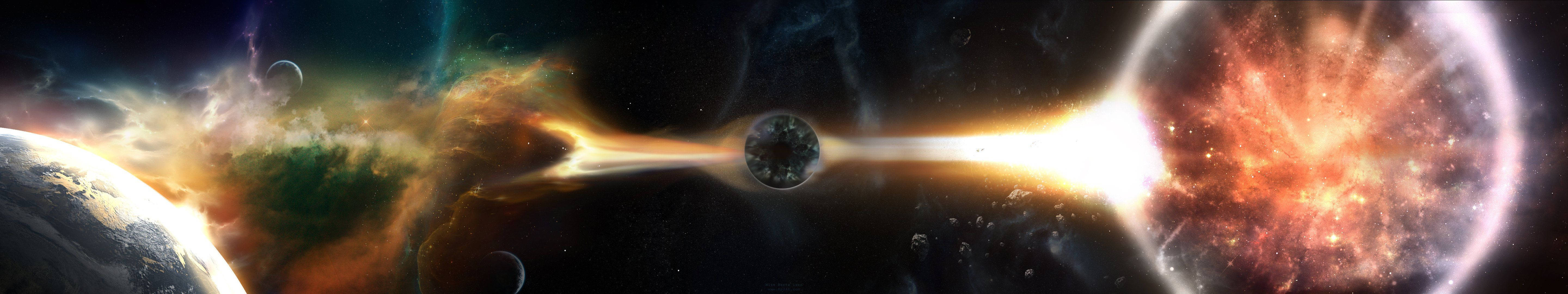 Heavenly Bodies Triple Monitor, planet, glowing nebulae, 5K Desktop Wallpaper