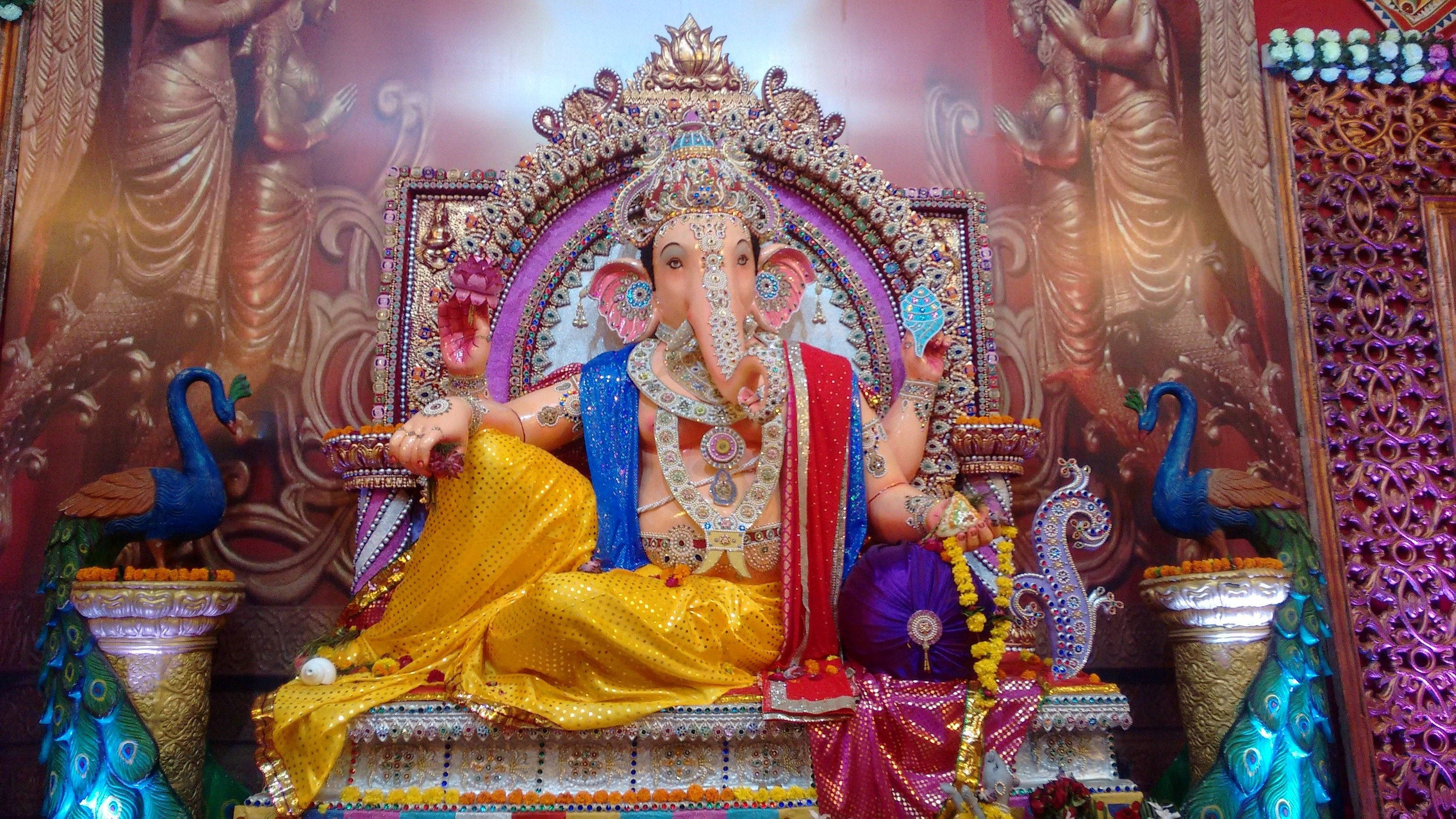 God Ganesh, bejeweled, gold blue and red, 2K Desktop Wallpaper