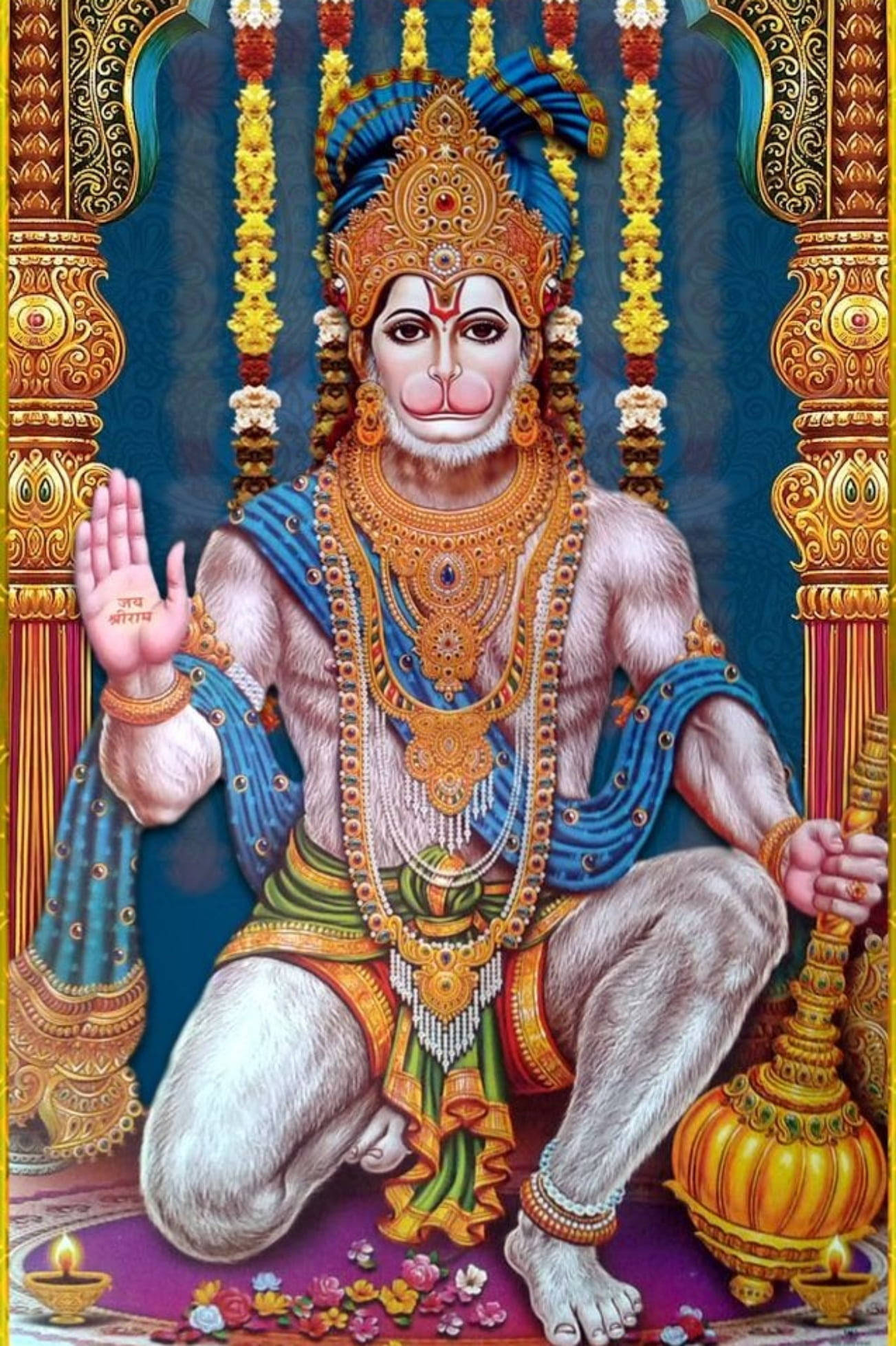 God Hanuman, golden-decorated, ornate throne, Full HD Phone Wallpaper