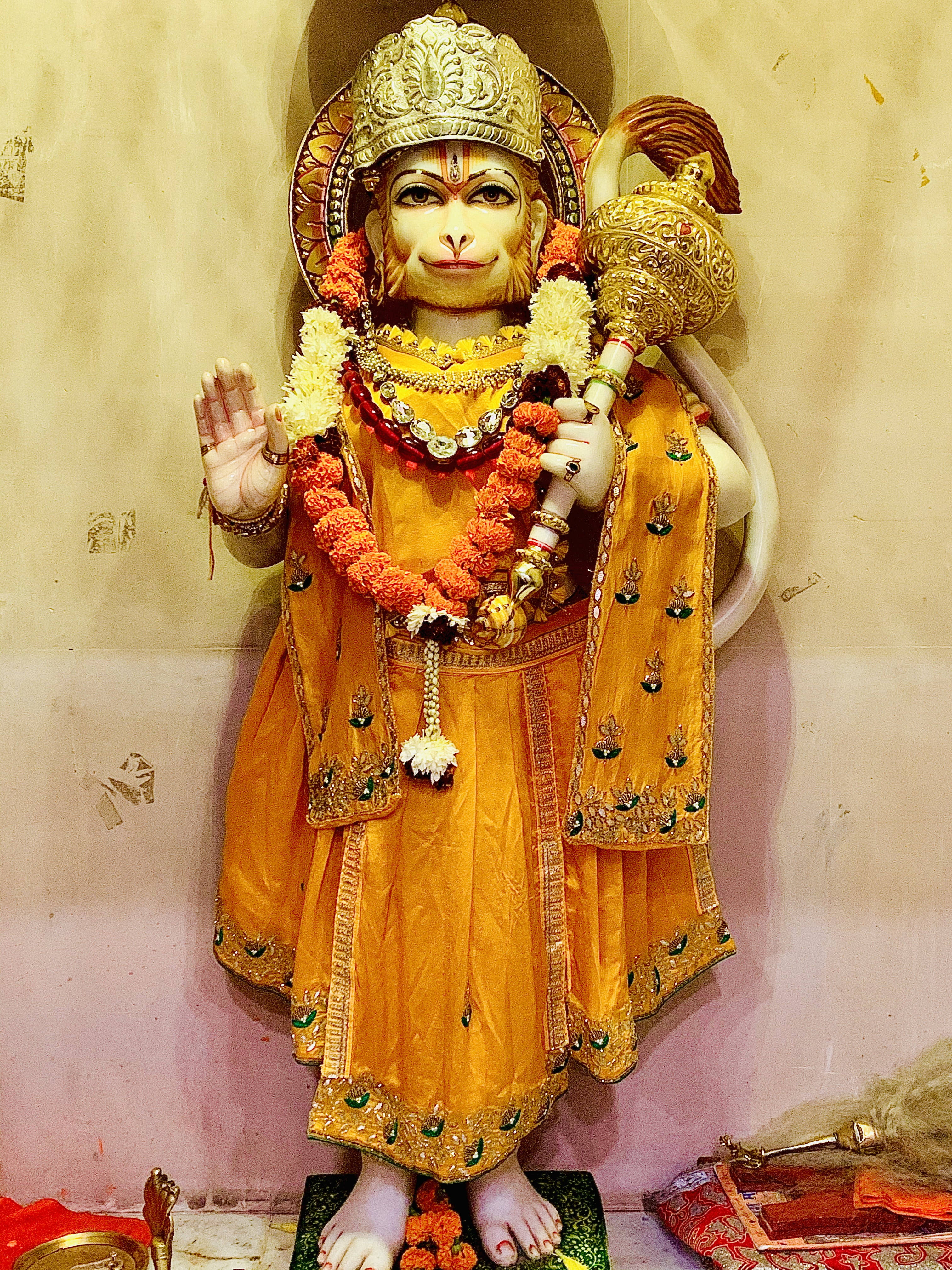 God Hanuman, orange decoration, golden-hued statue, 4K Phone Wallpaper