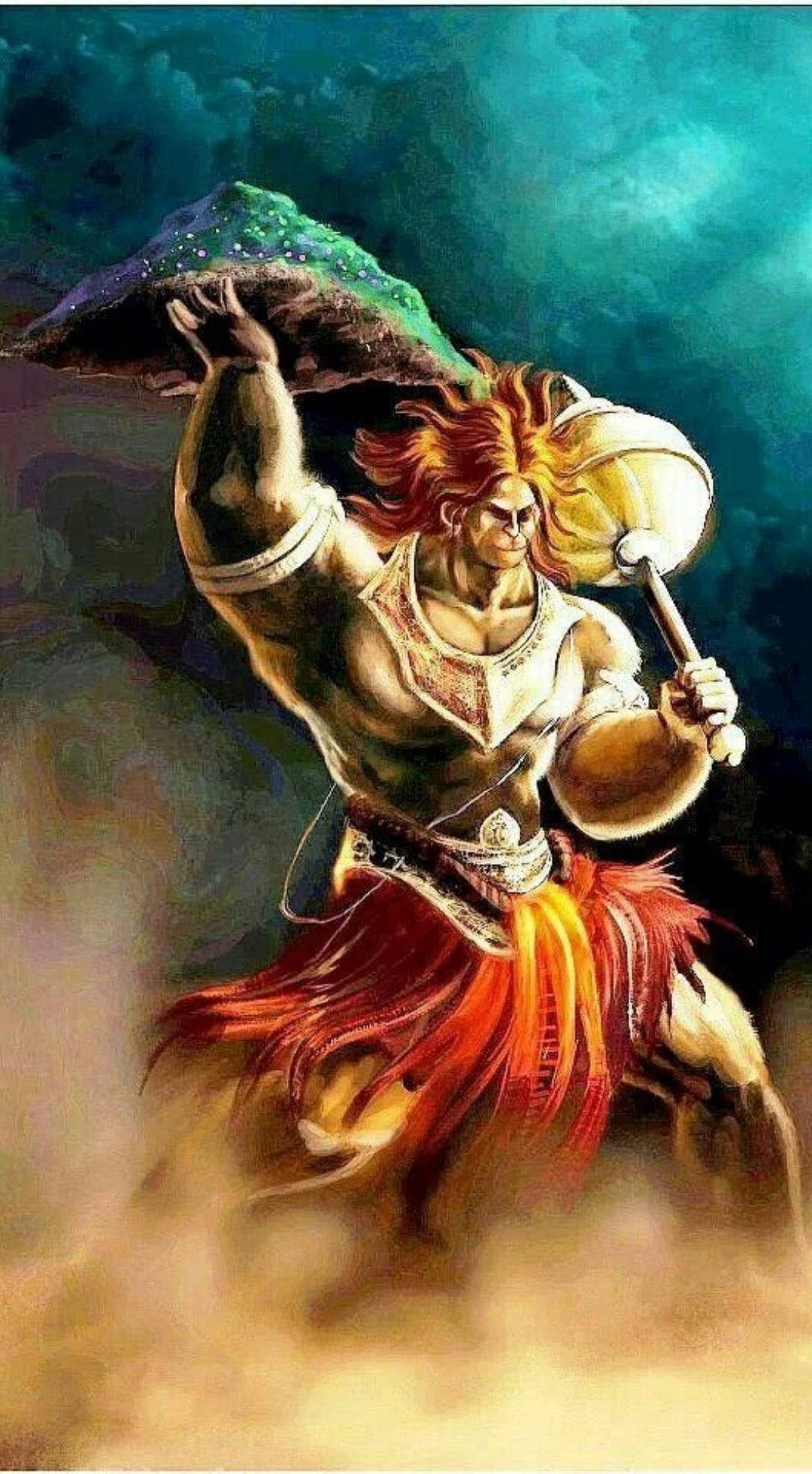 God Hanuman, medicine mountain, fiery hair, Full HD Phone Wallpaper