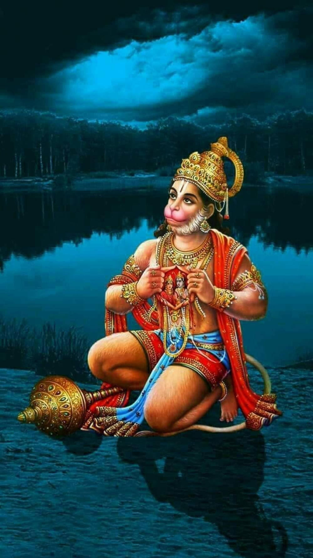 God Hanuman, red and gold attire, body of water, HD Phone Wallpaper