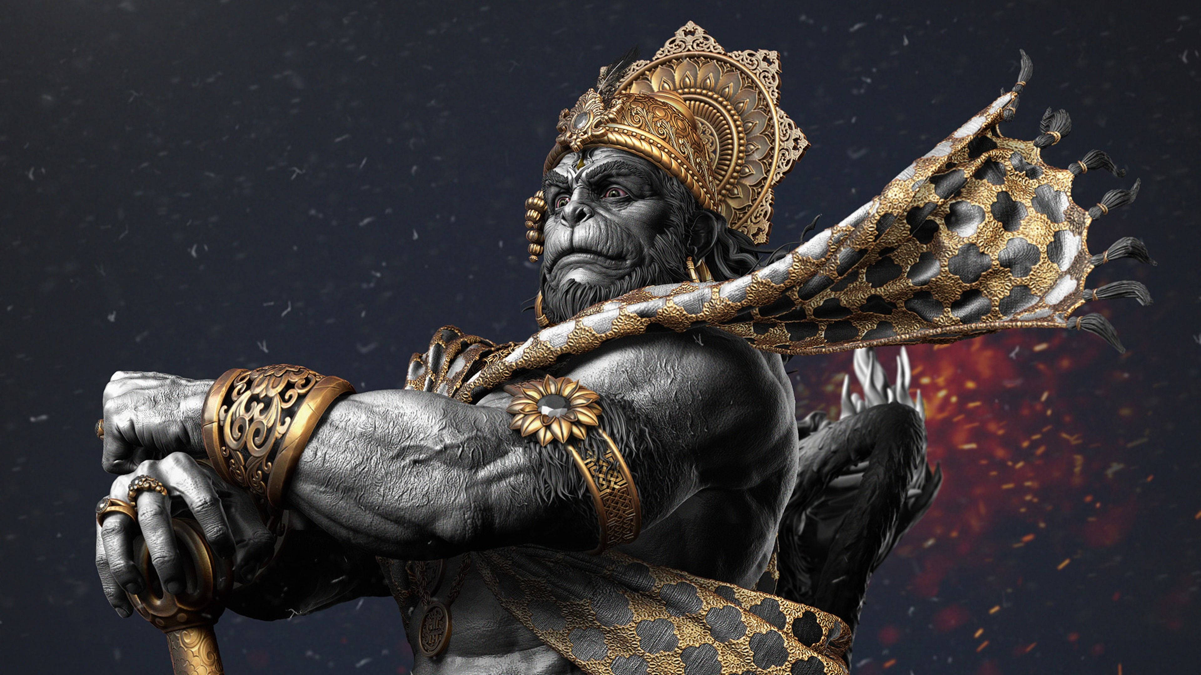 Hanuman, golden armor, spiked mace, 4K Desktop Wallpaper