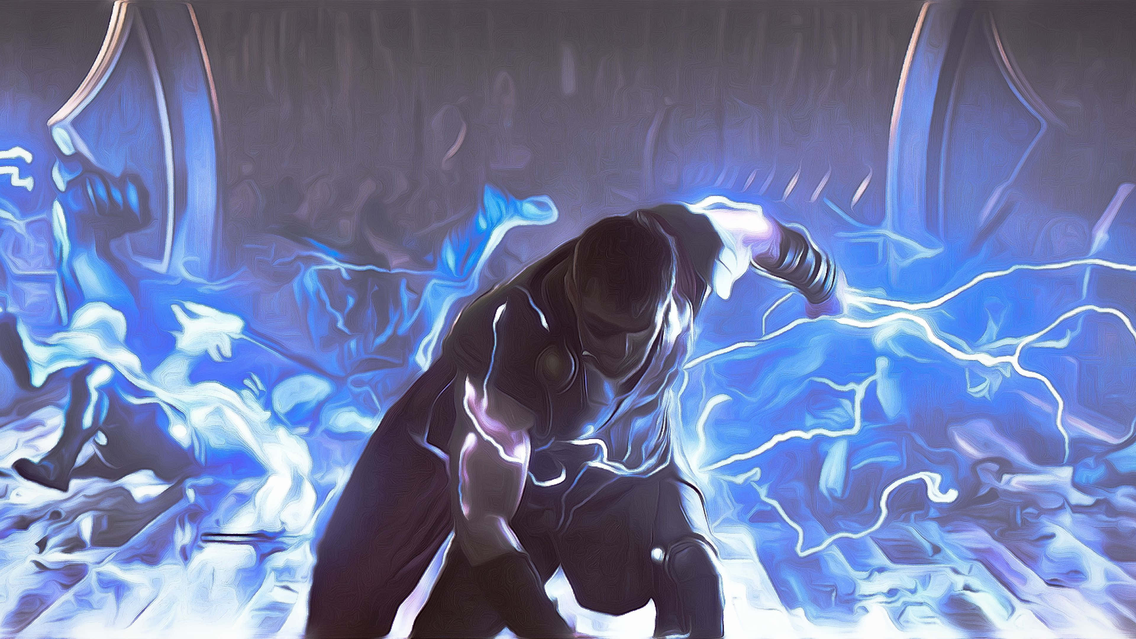 God Of Thunder, crackling blue lightning, stormy cavernous setting, 4K Desktop Wallpaper