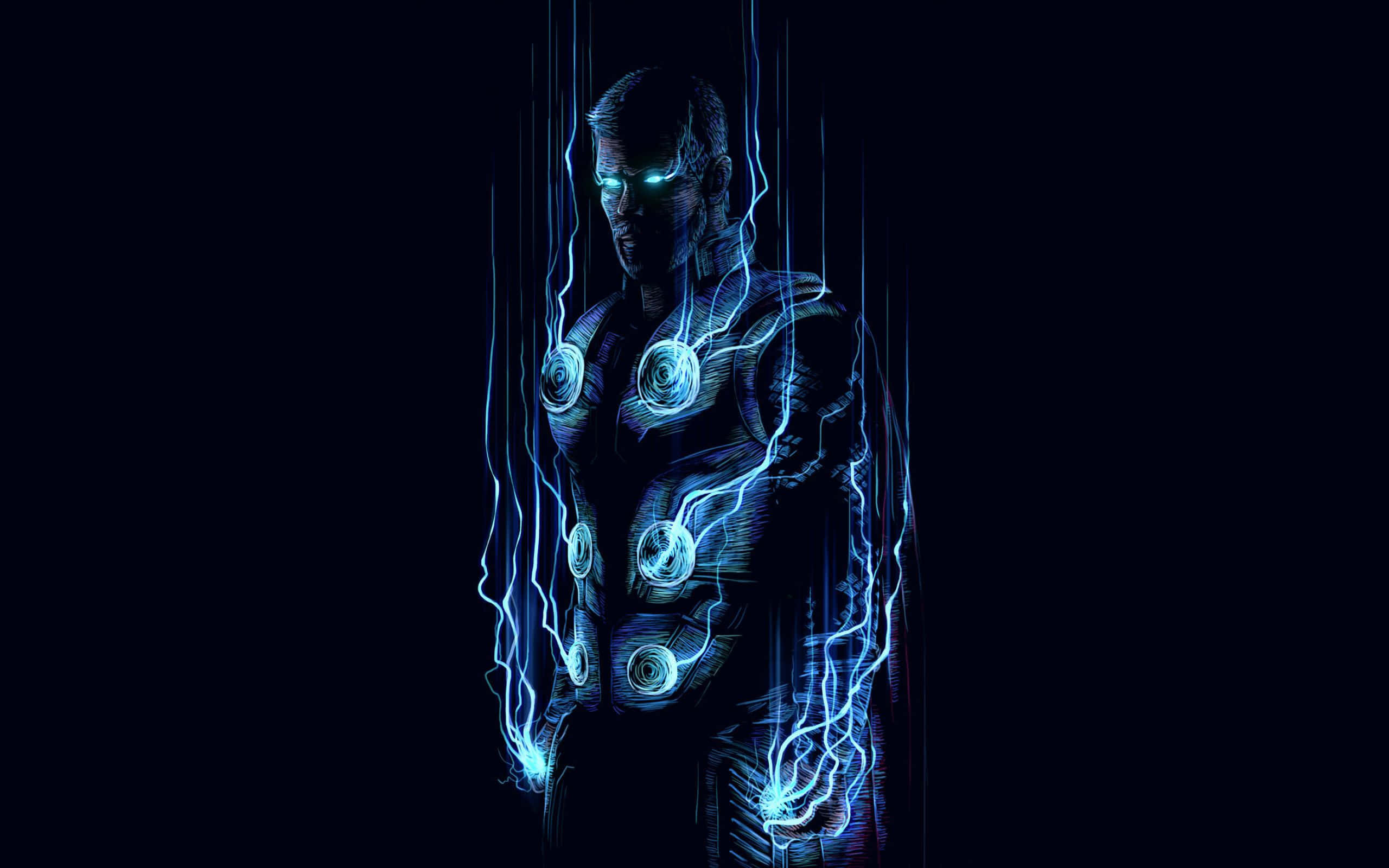 God of Thunder, glowing blue eyes, electric energy, 2K Desktop Wallpaper