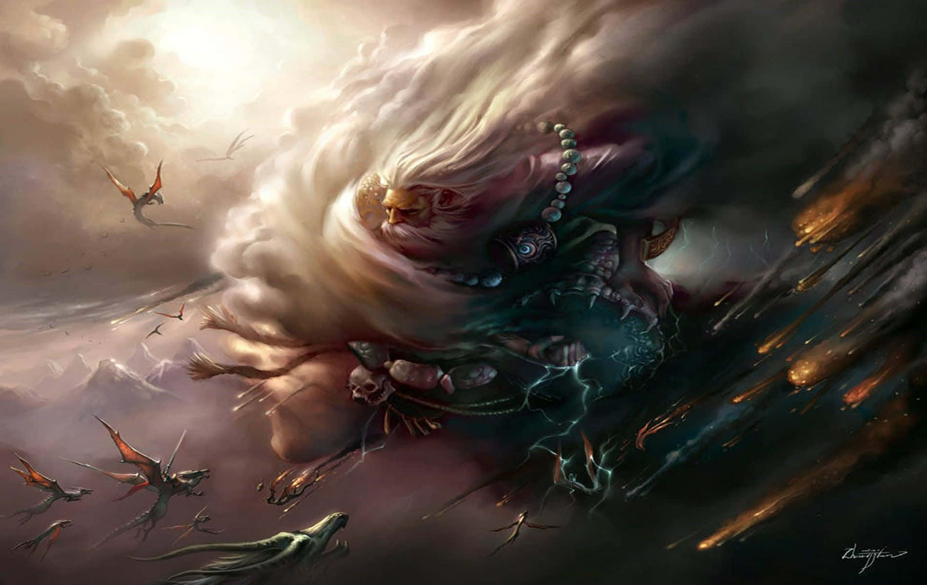 God of Thunder, storm god, flowing white hair, HD Desktop Wallpaper