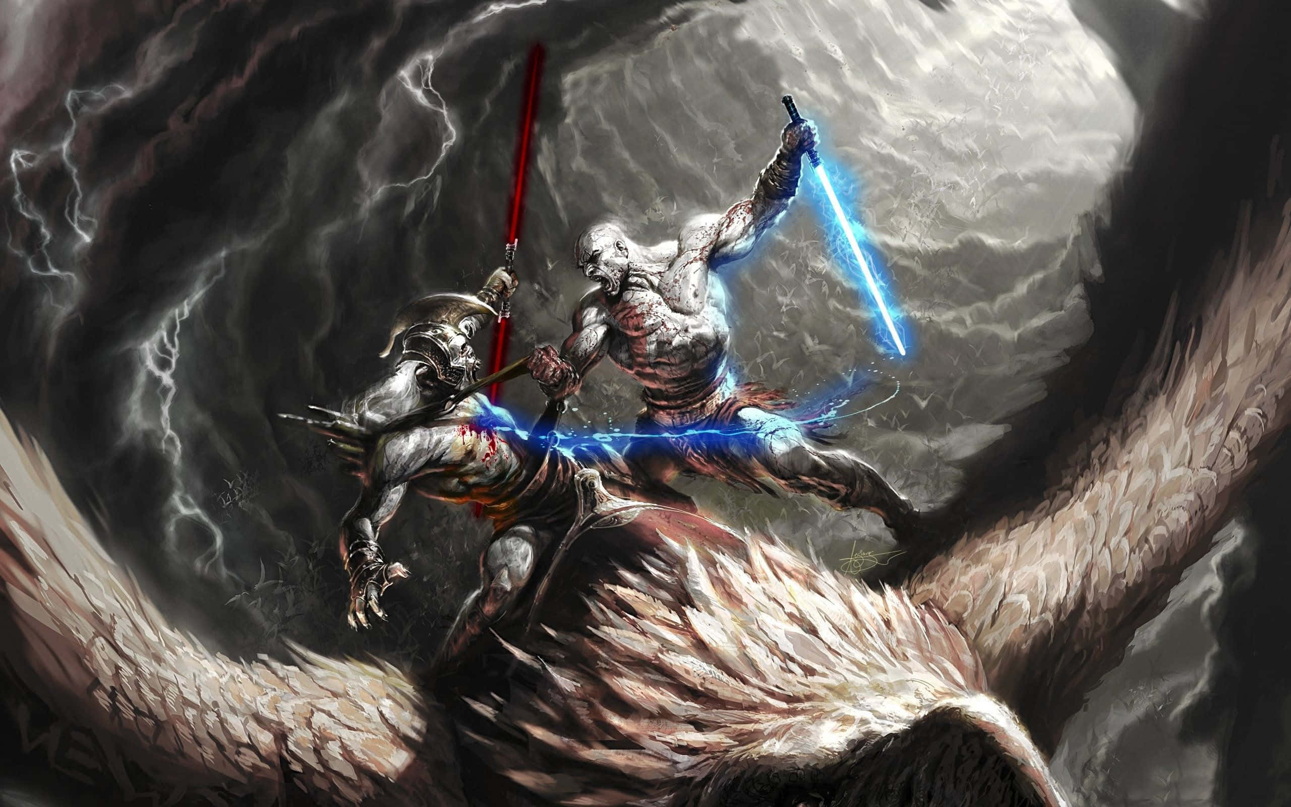 God Of War 3, warriors, stormy sky, 2K Desktop Wallpaper