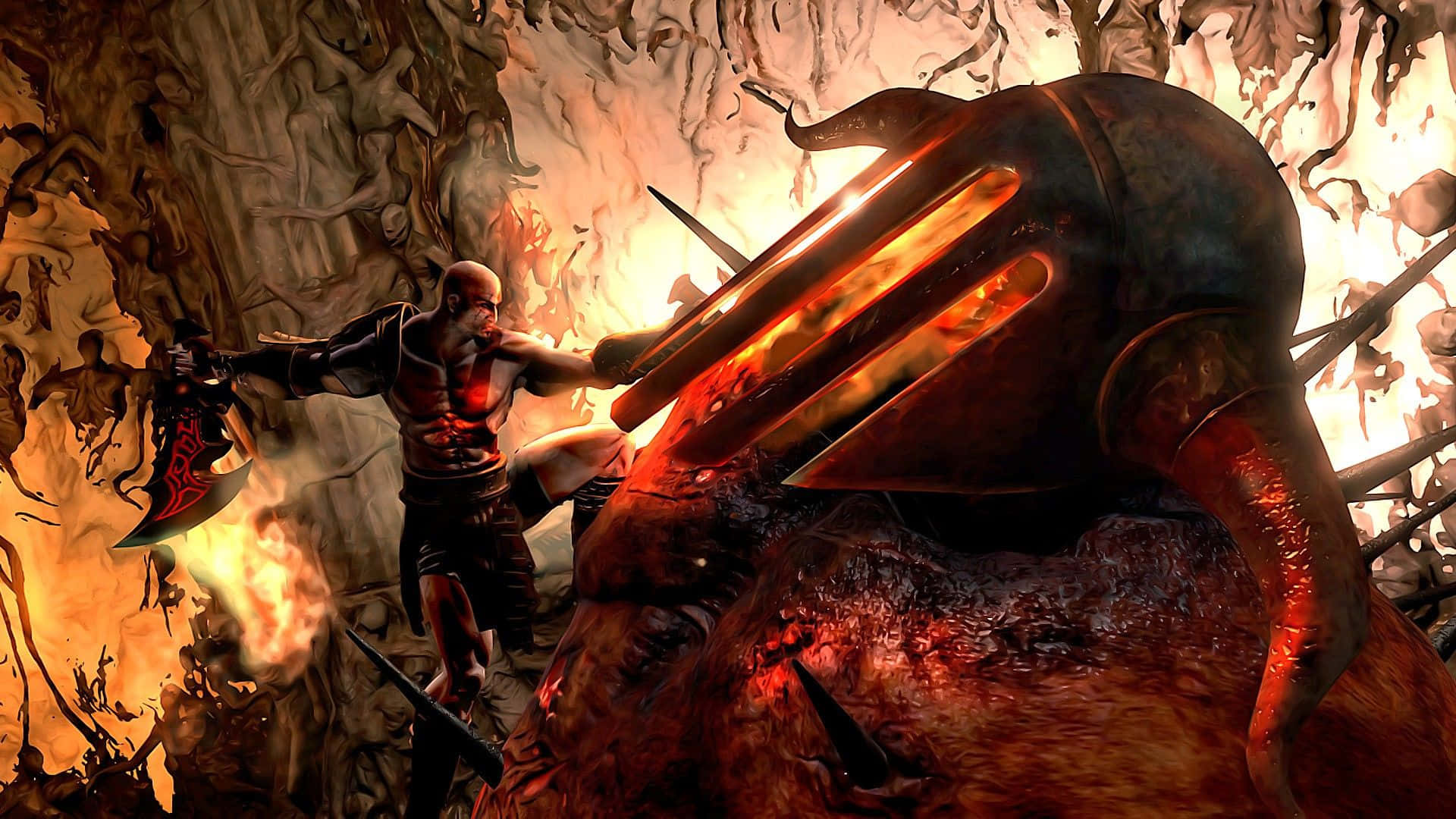 God Of War 3, flaming axe, massive demonic creature, Full HD Desktop Wallpaper