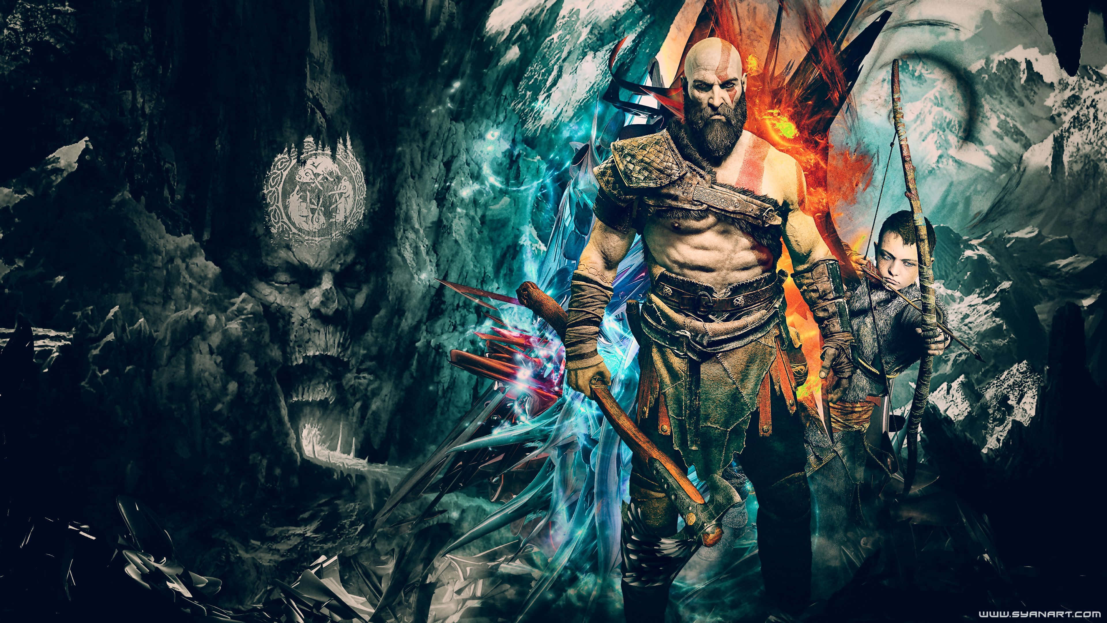 God Of War 5, flaming axe, bow-wielding boy, 4K Desktop Wallpaper