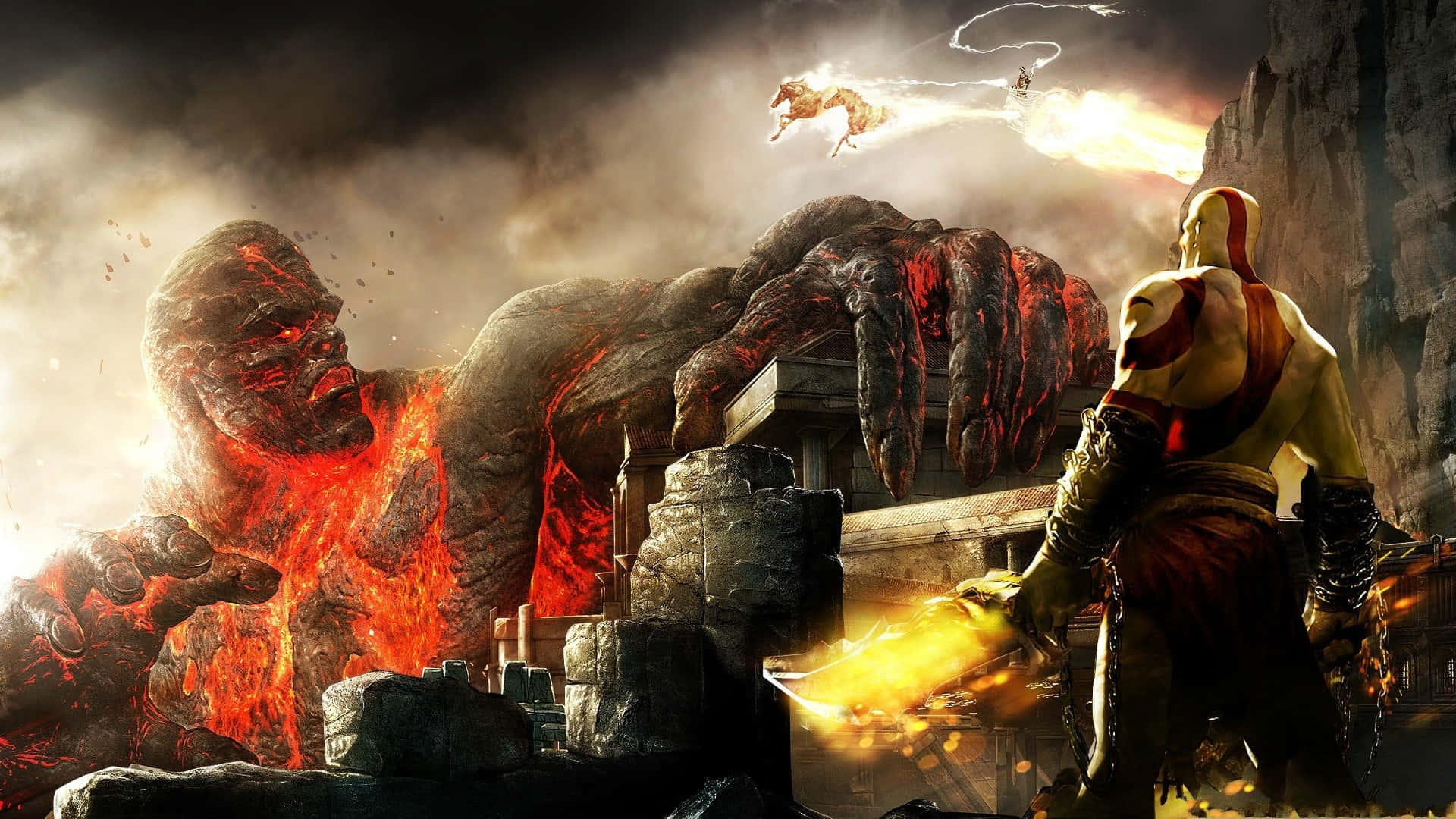 God Of War 5, glowing blade, colossal lava-covered monster, Full HD Desktop Wallpaper