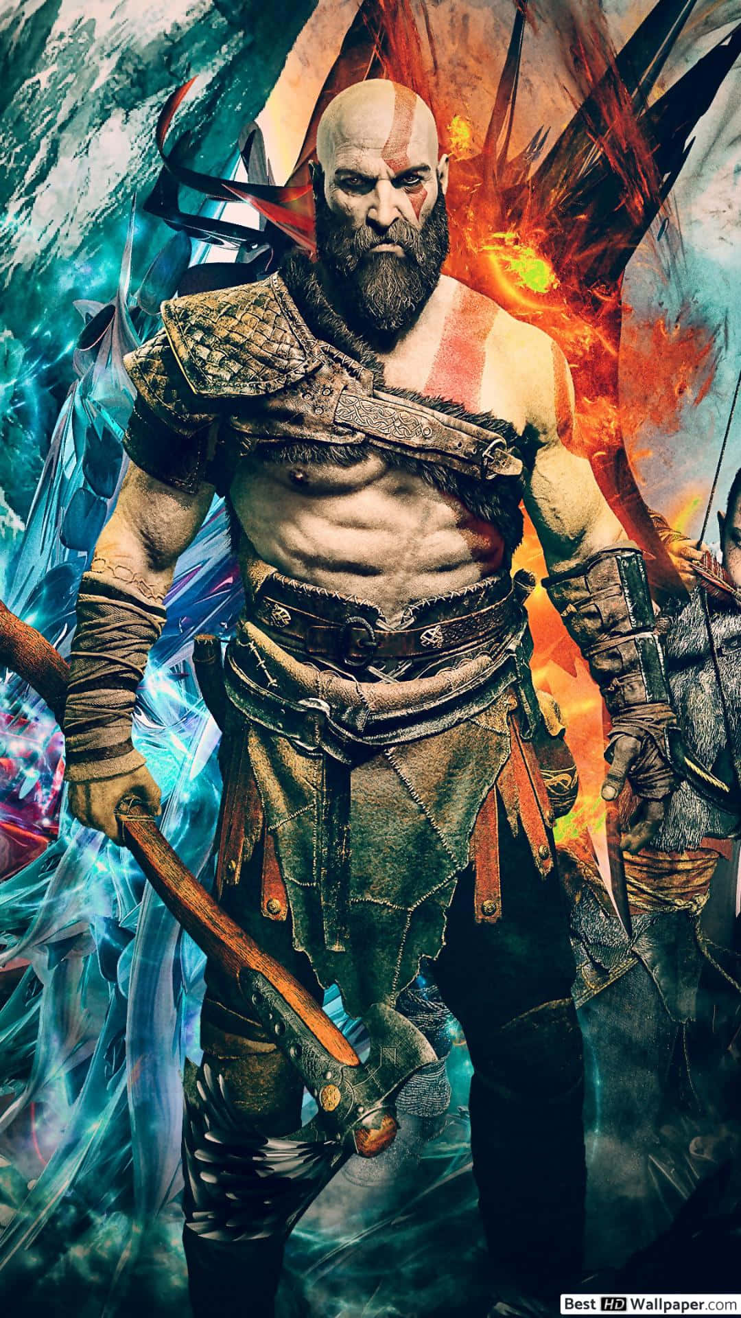 God Of War 5, red tattoo, glowing axe, Full HD Phone Wallpaper