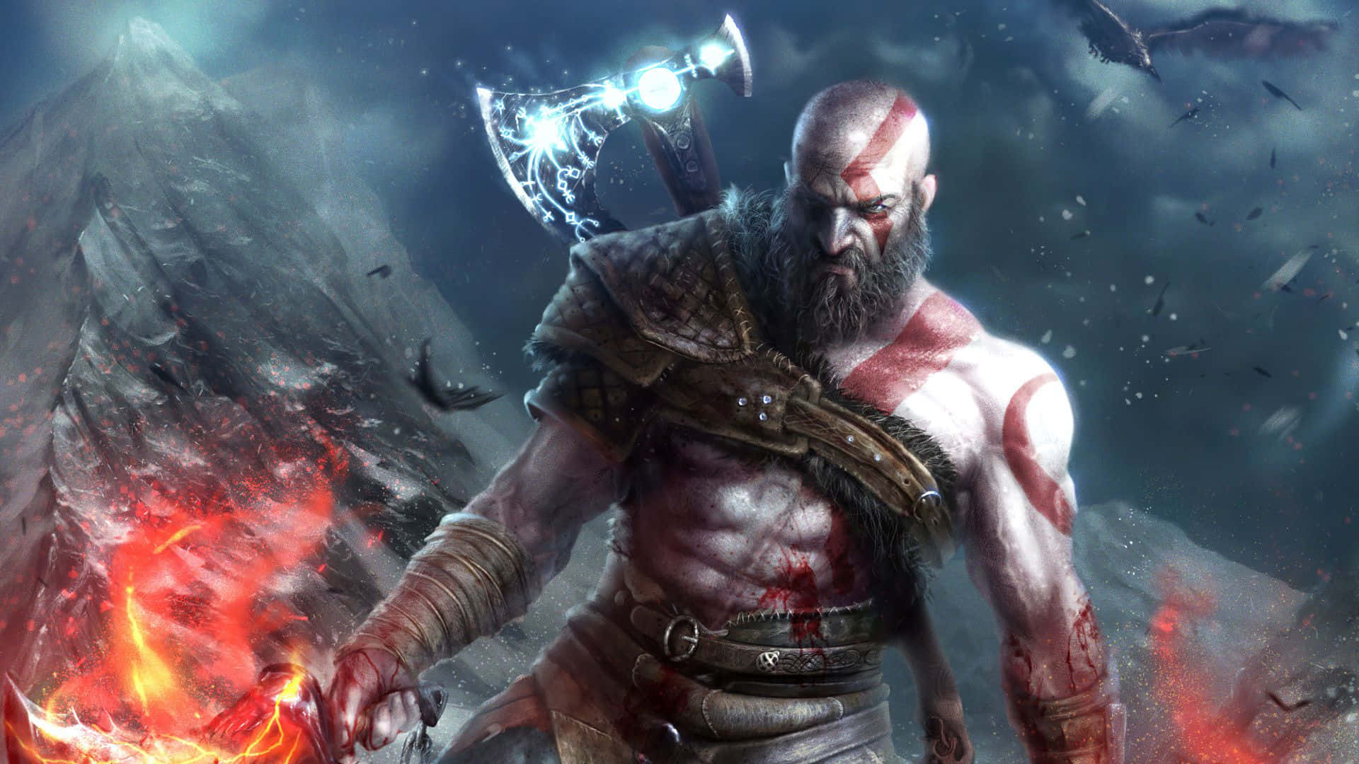 God of War 5, red tattoo, glowing axe, Full HD Desktop Wallpaper