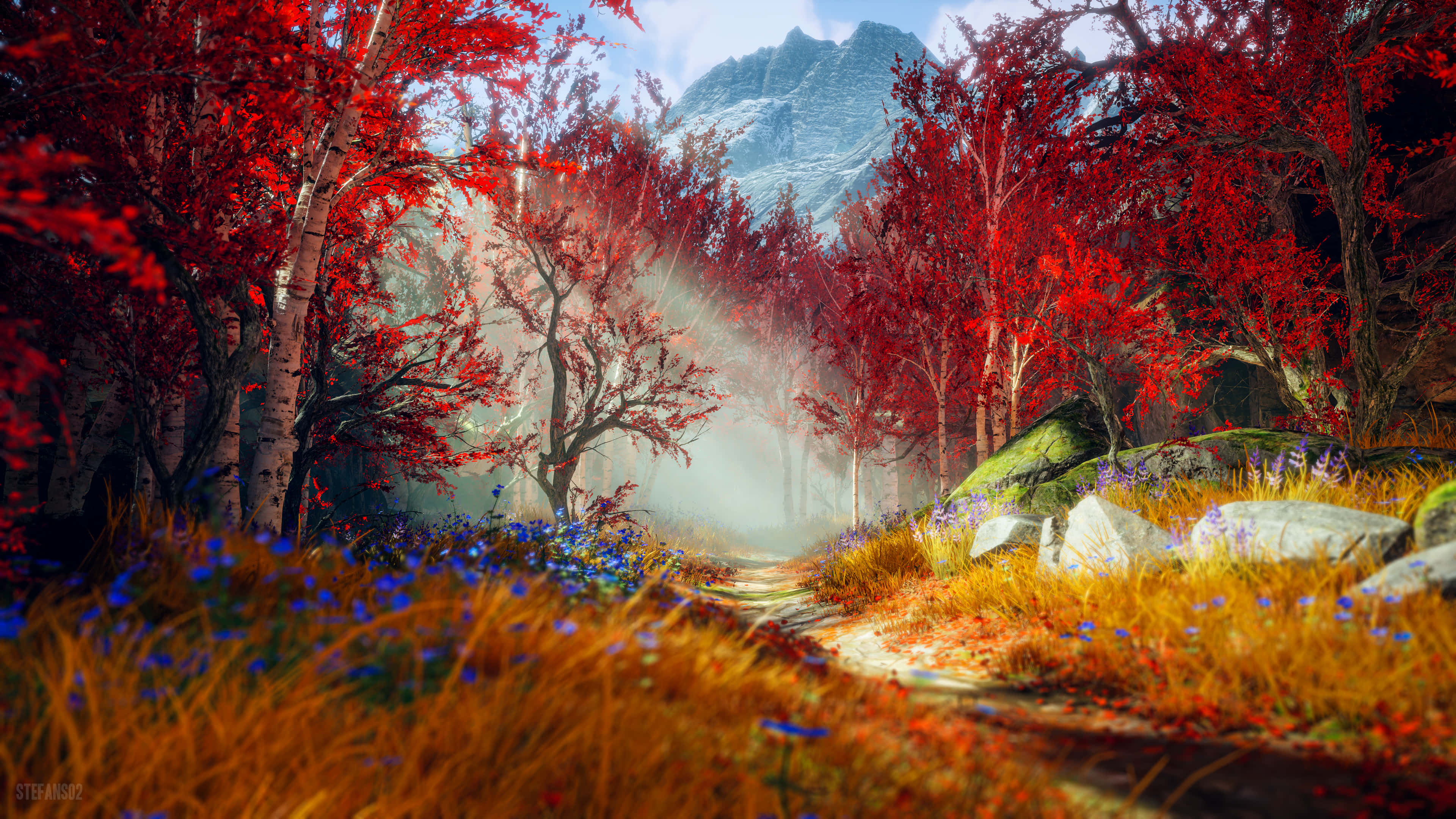 Serene Forest, God Of War, fiery red trees, 4K Desktop Wallpaper