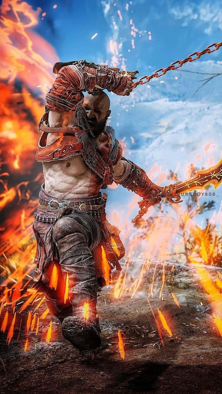 God of War 5, flaming chain weapon, explosive fire, HD Phone Wallpaper