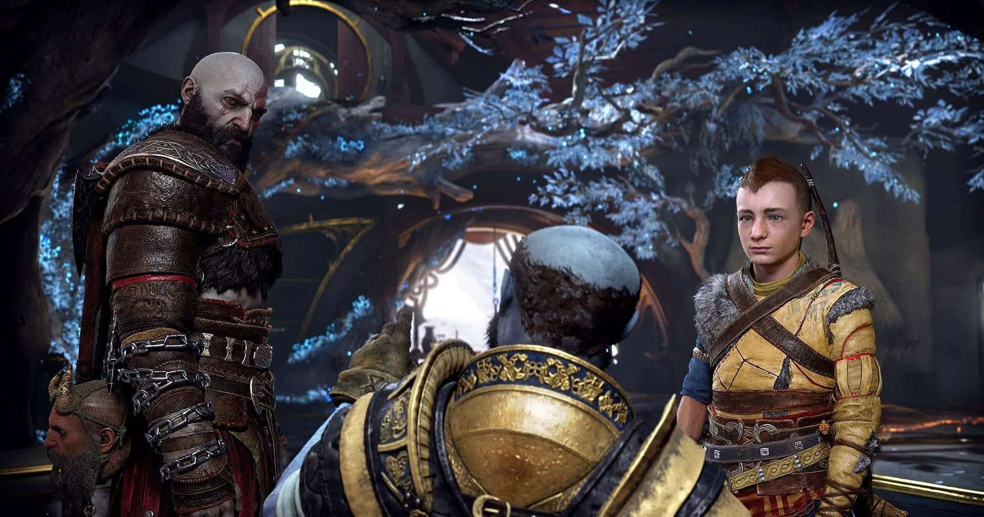 God Of War Characters, mystical forest, glowing blue trees, Full HD Desktop Wallpaper