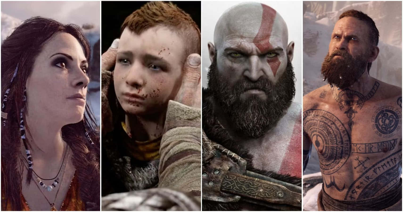 God Of War, woman with braided hair, boy with bloodied face, HD Desktop Wallpaper
