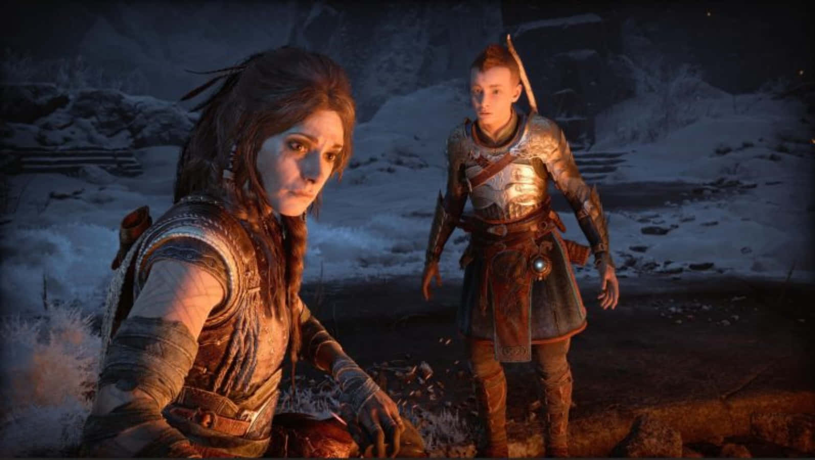 God Of War, armored warriors, snowy mountain pass, HD Desktop Wallpaper