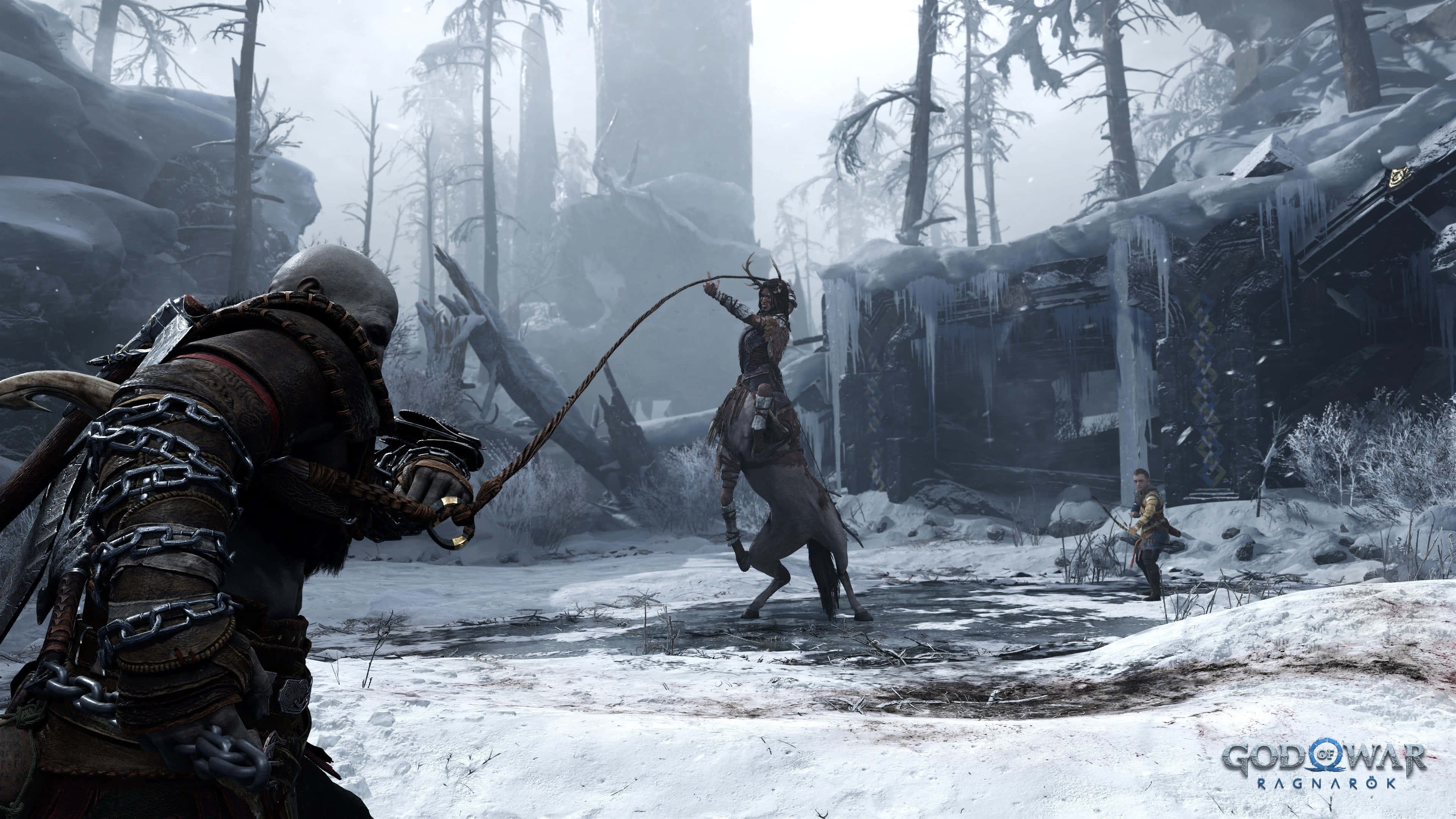 God Of War Ragnarok, winter battle, snowy icy forest, 4K Desktop Wallpaper