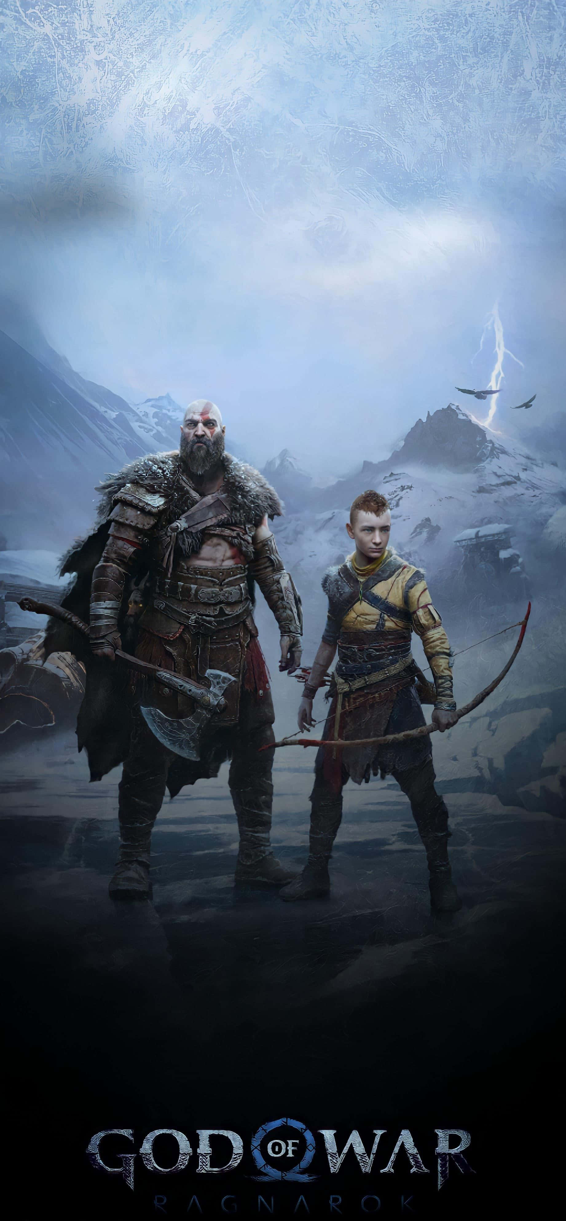 God Of War Ragnarok, armored warriors, snowy mountainous landscape, 4K Phone Wallpaper