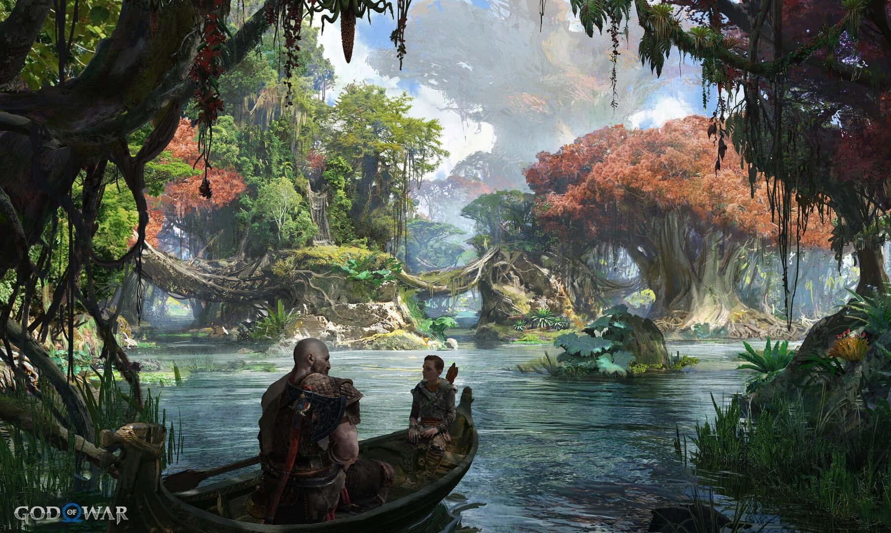 God Of War Ragnarok, boat journey, jungle river, HD Desktop Wallpaper