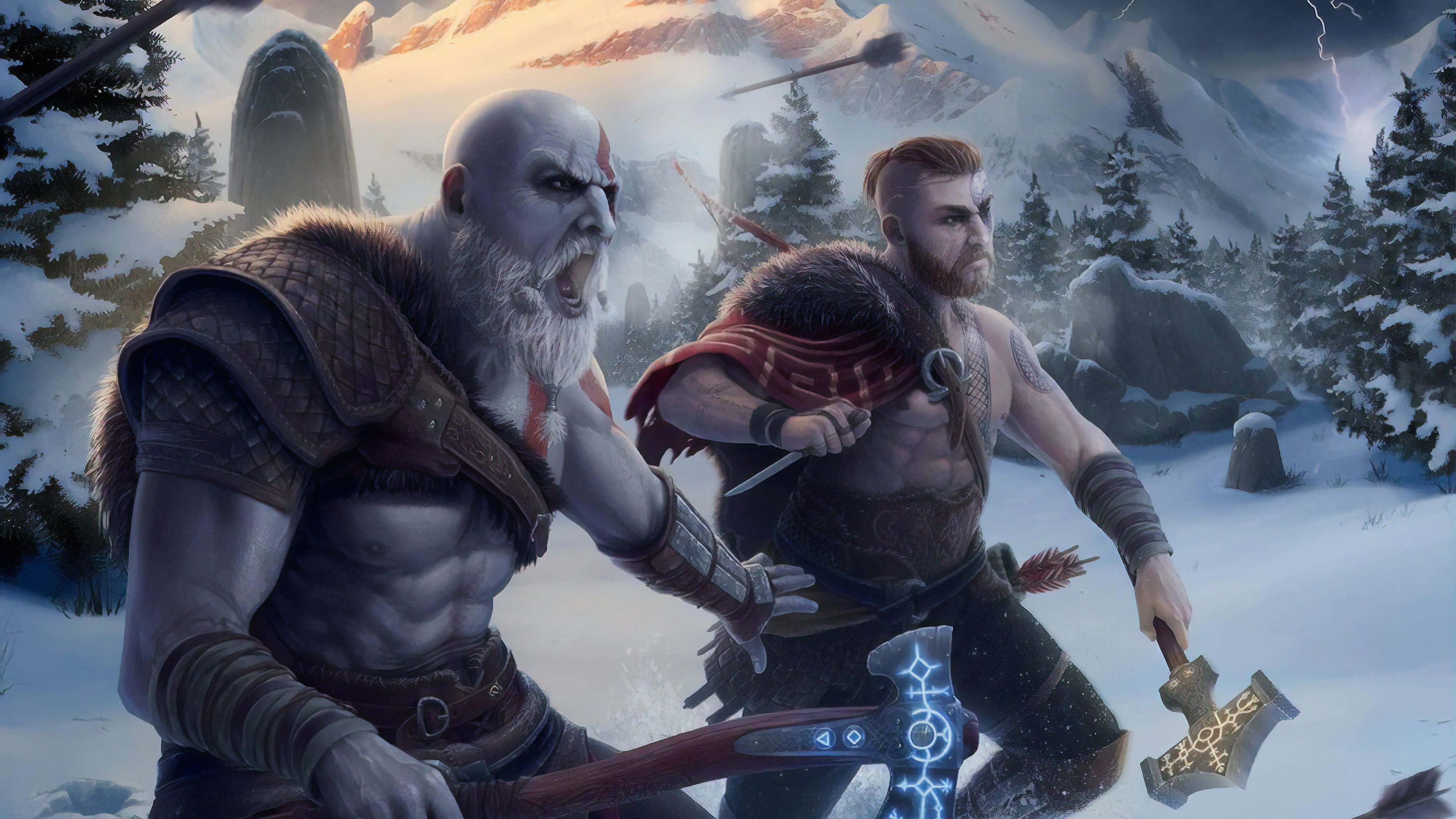 God Of War, warriors, snowy mountain forest, 4K Desktop Wallpaper